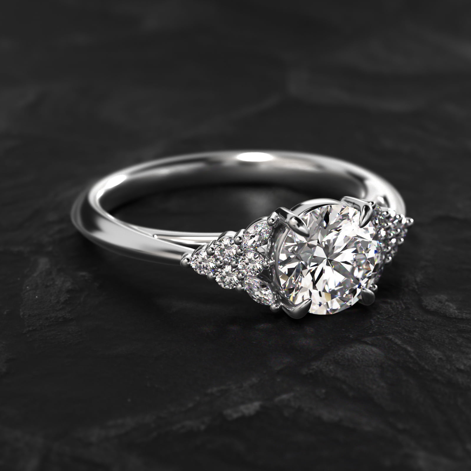 Diamond Chevron Knife Edge Side Stone Engagement Ring In 18K White Gold