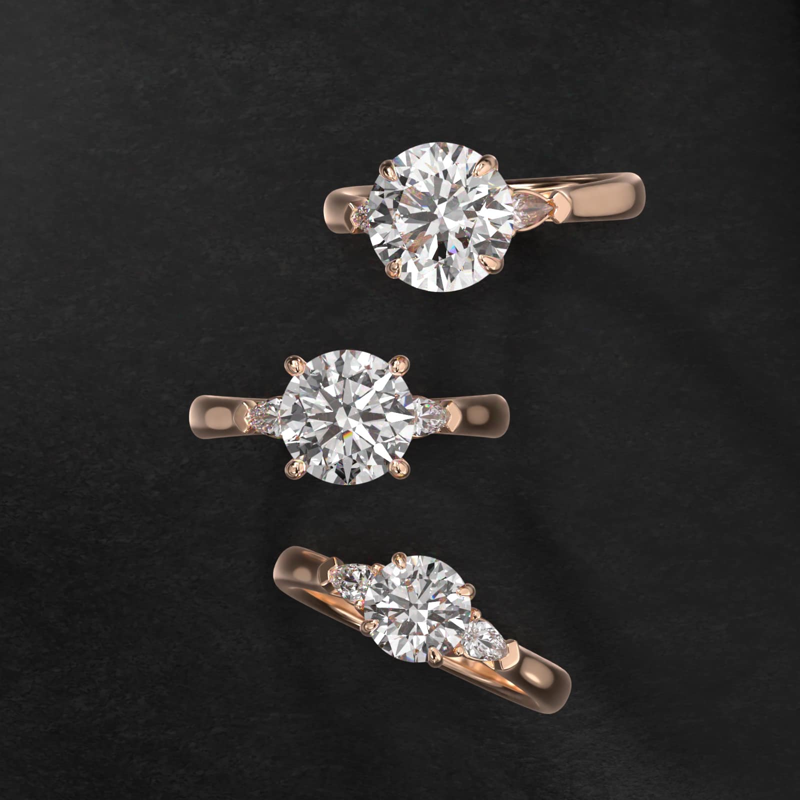 Pear Shaped Diamond Three Stone Engagement Ring In 14K Rose Gold