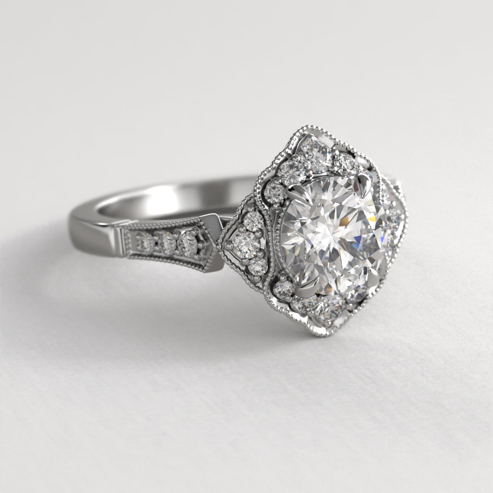 Regal Frame Vintage-Style Engagement Ring In 18K White Gold
