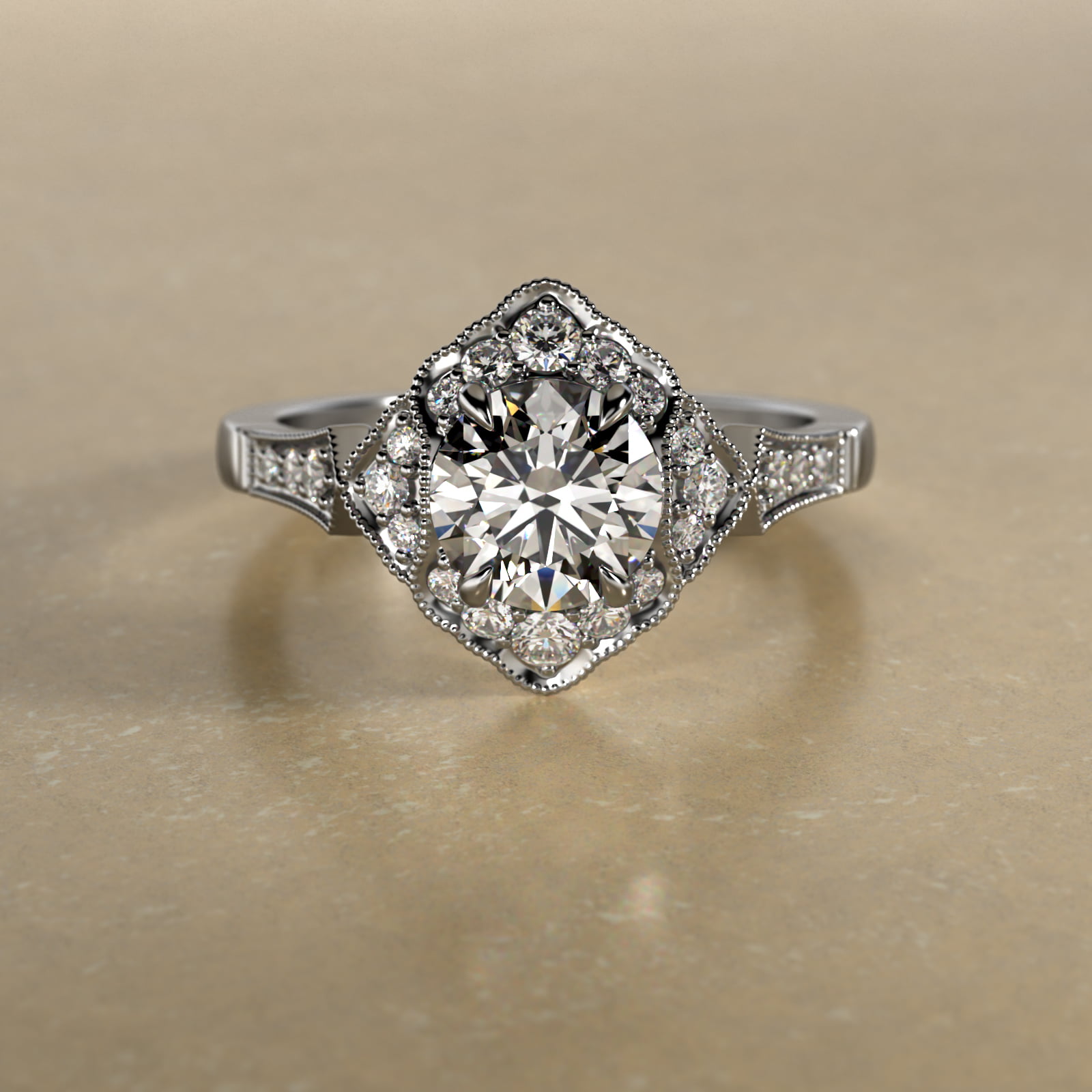 Regal Frame Vintage-Style Engagement Ring In 14K White Gold