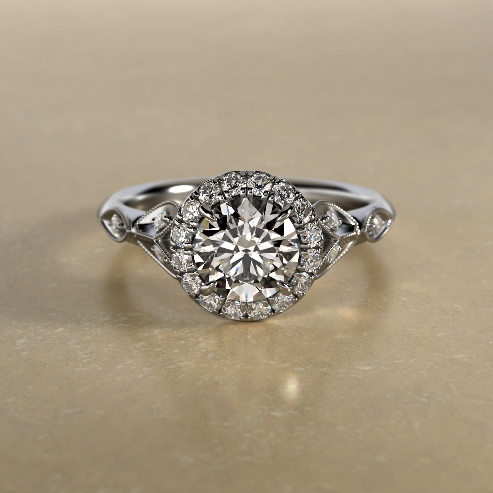 14K White Gold Navette Leaf Halo Engagement Ring