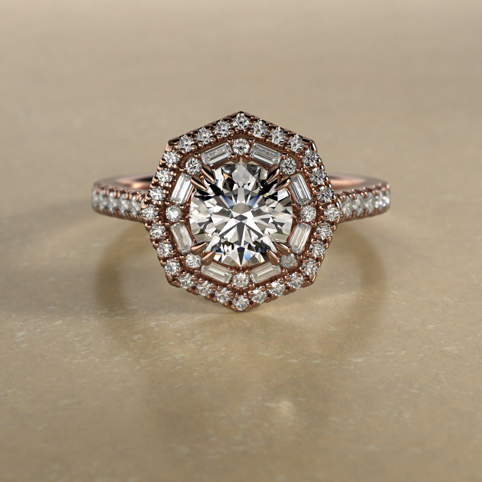 Octagonal Baguette And Round Double Diamond Halo Engagement Ring In 14K Rose Gold