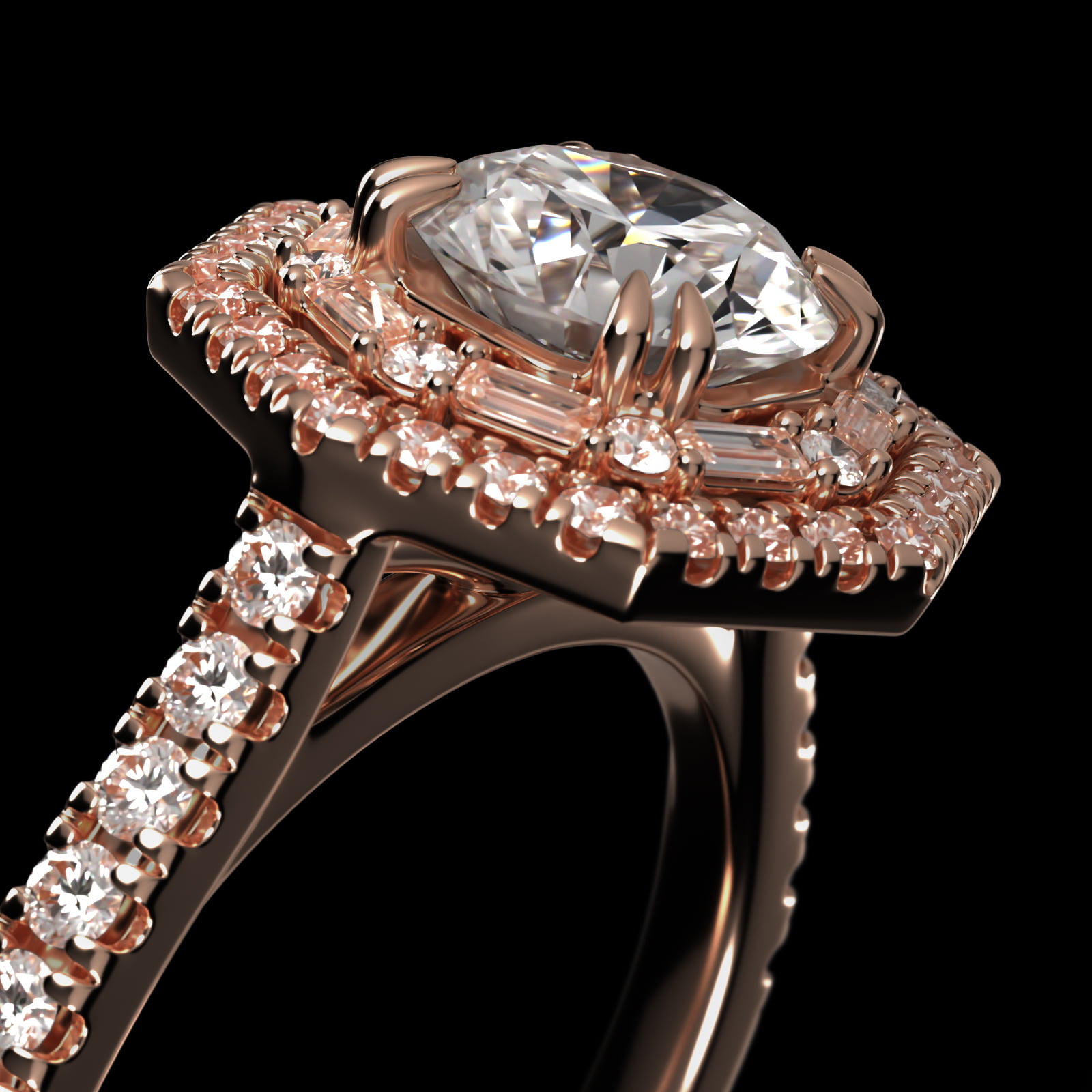 Octagonal Baguette And Round Double Diamond Halo Engagement Ring In 14K Rose Gold