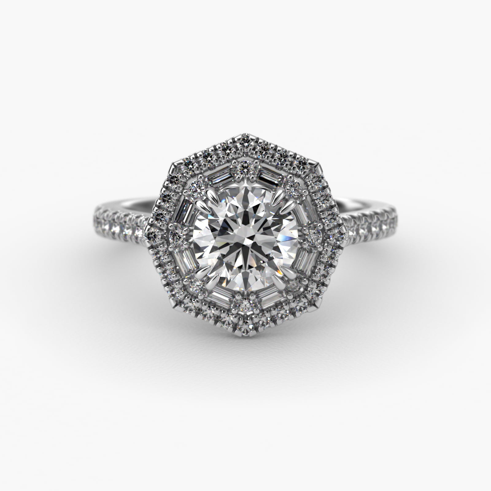 Octagonal Baguette And Round Double Diamond Halo Engagement Ring In Platinum