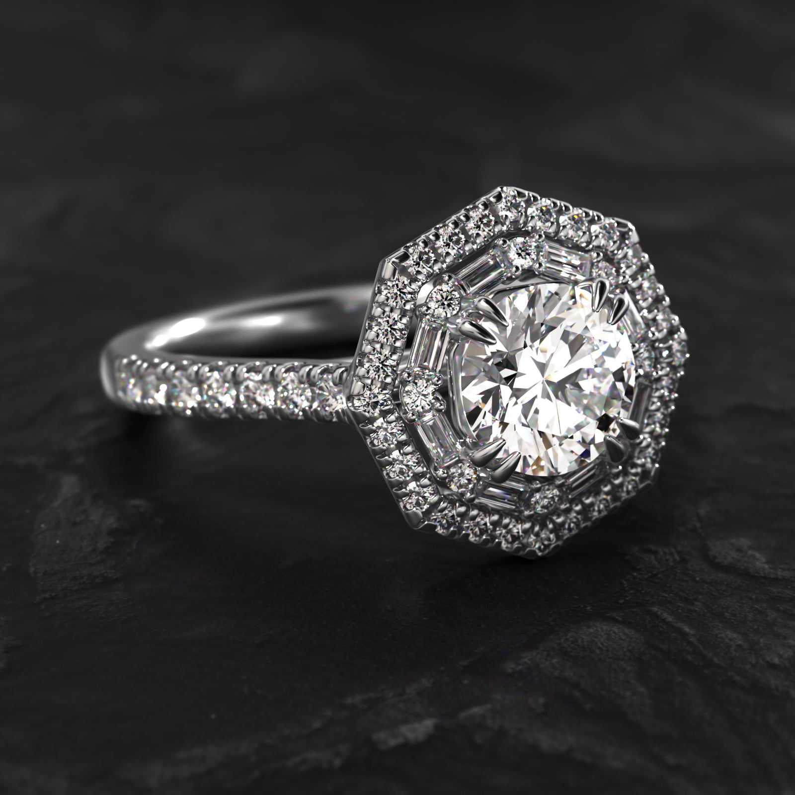 Octagonal Baguette And Round Double Diamond Halo Engagement Ring In 14K White Gold