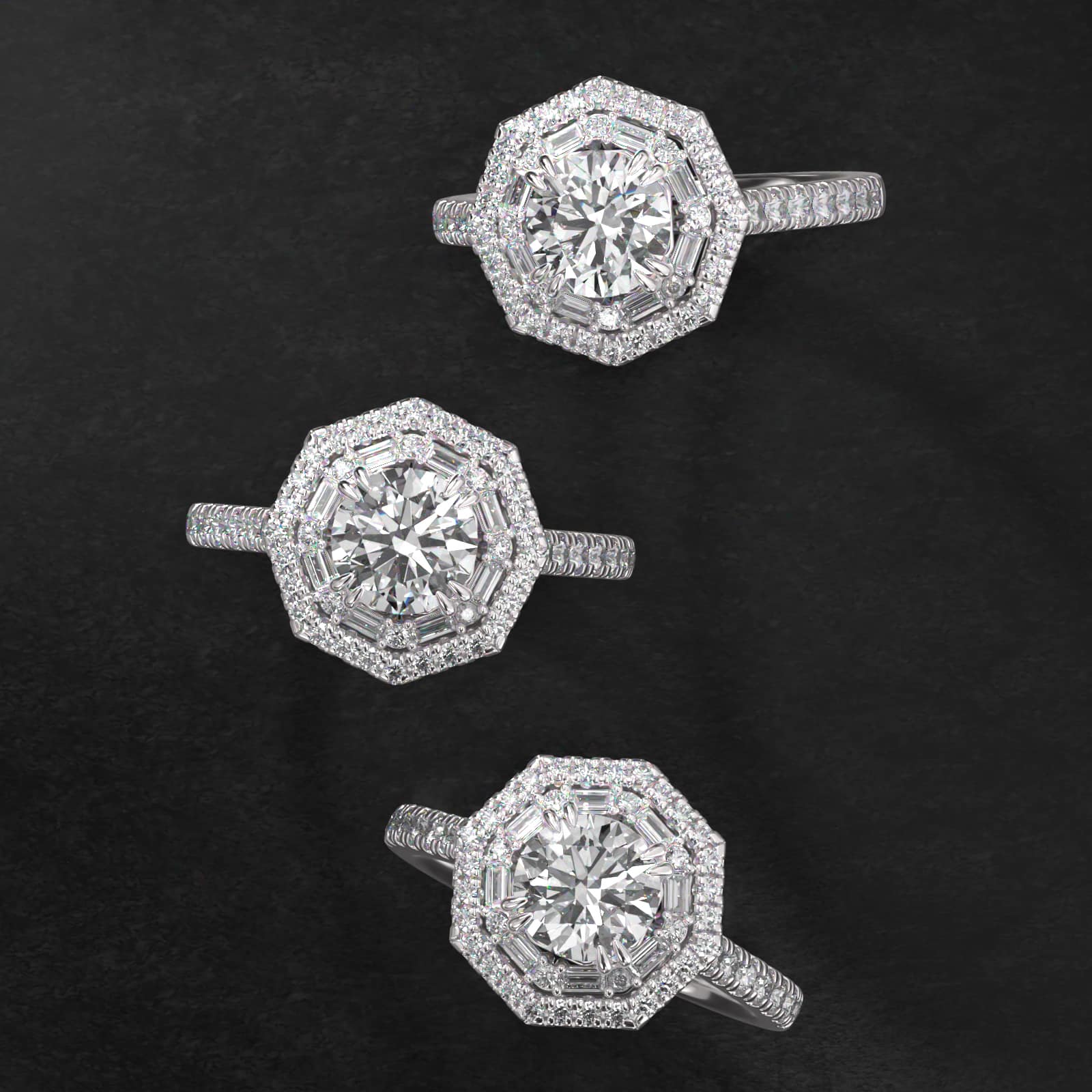 Octagonal Baguette And Round Double Diamond Halo Engagement Ring In Platinum