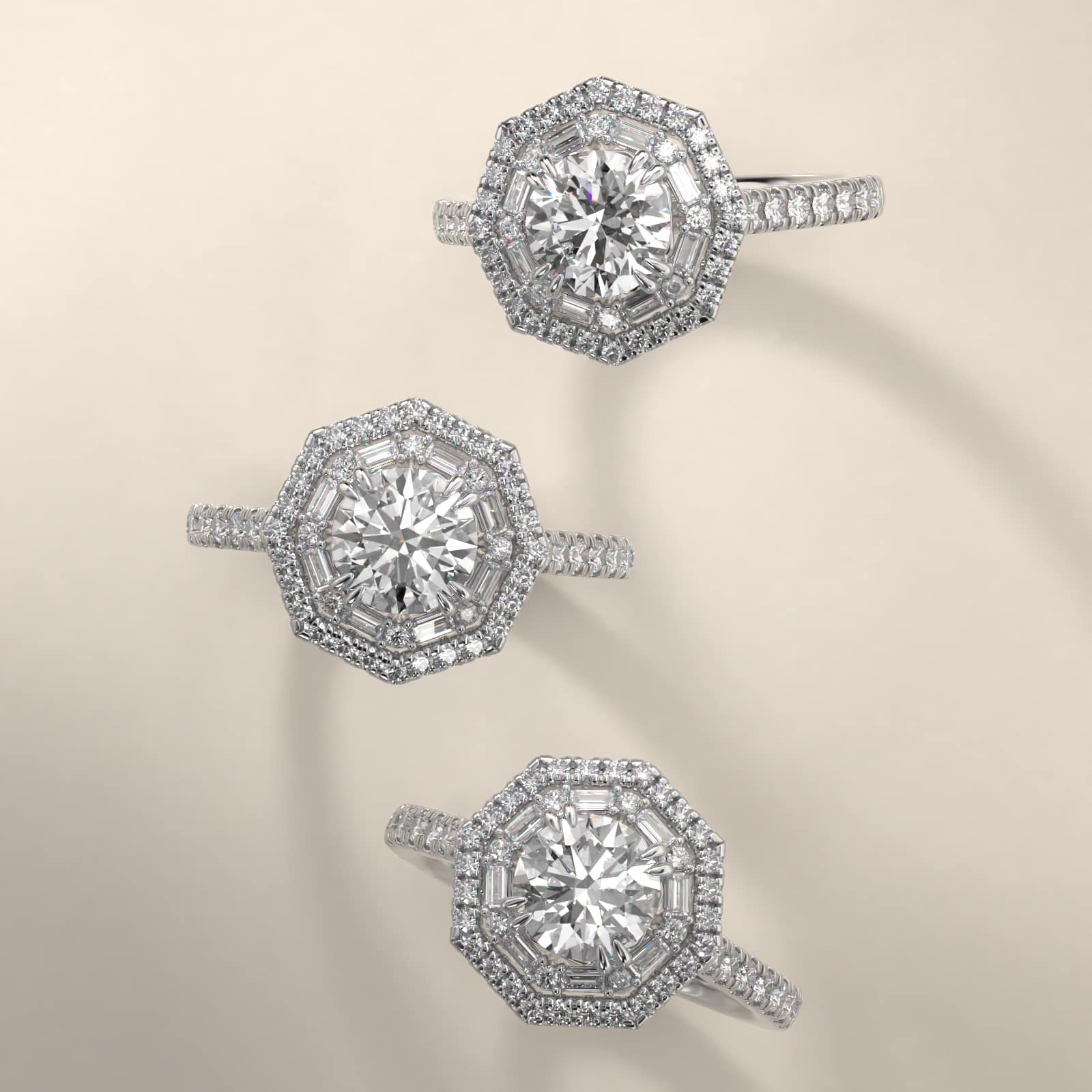 Octagonal Baguette And Round Double Diamond Halo Engagement Ring In 18K White Gold