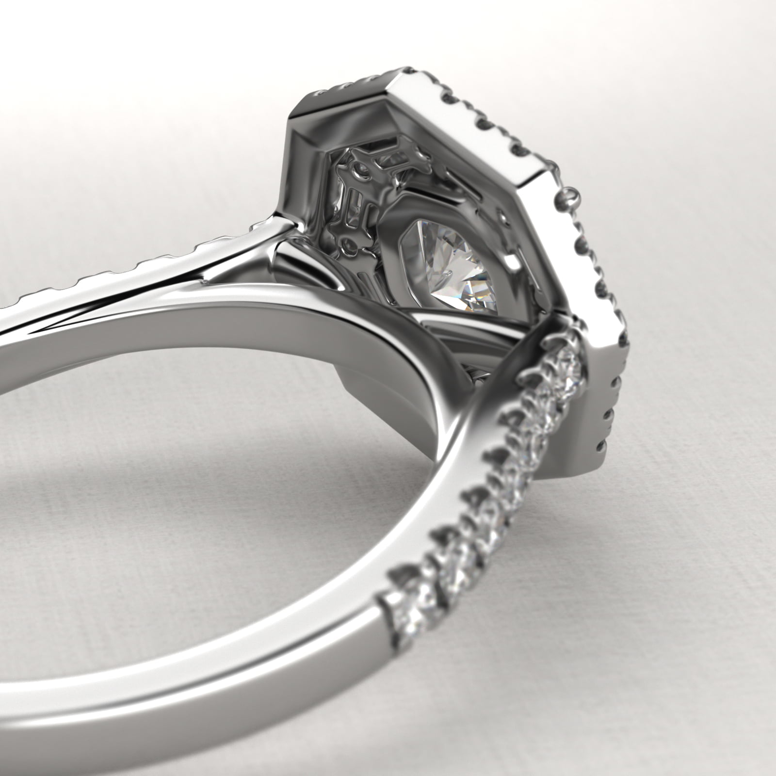Octagonal Baguette And Round Double Diamond Halo Engagement Ring In Platinum
