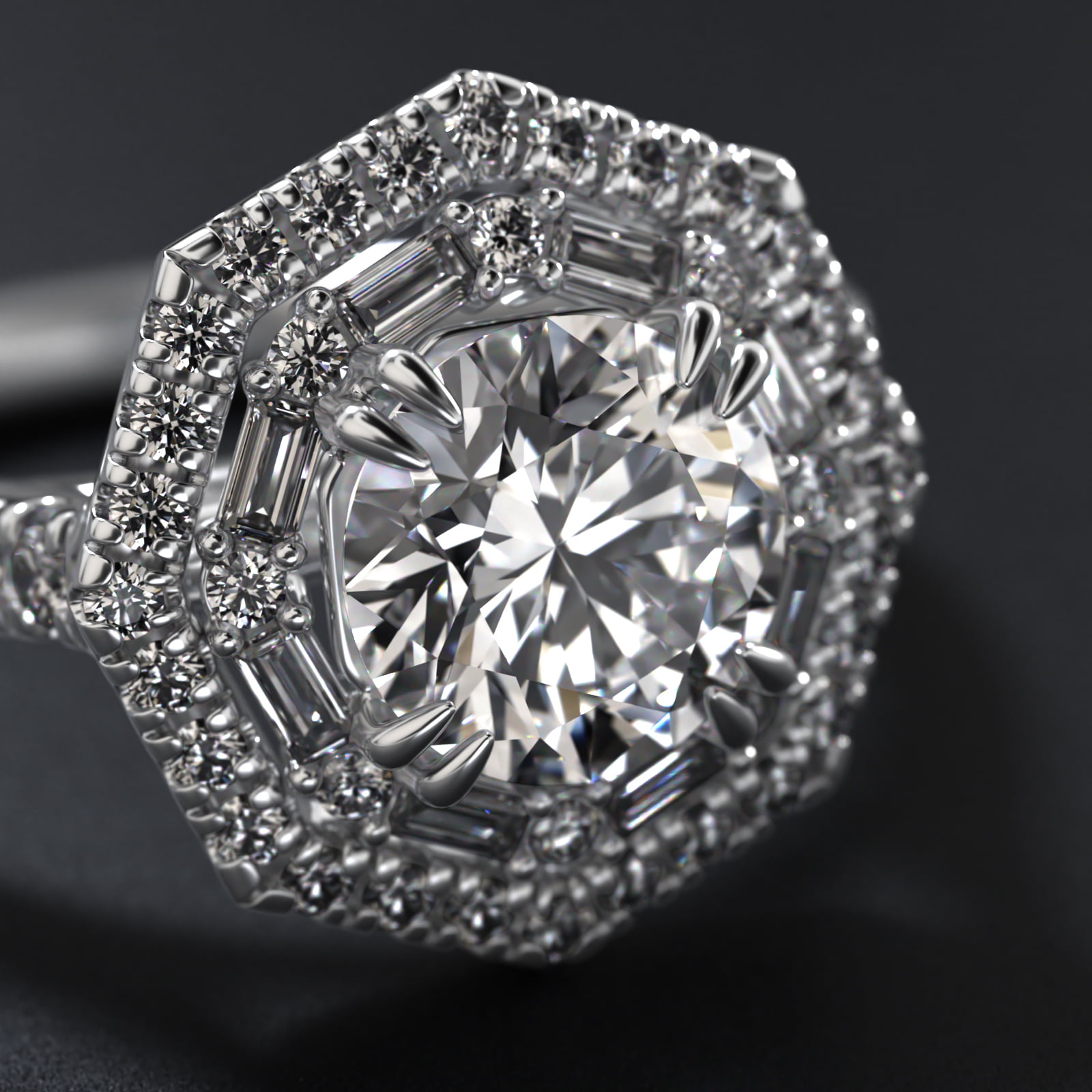 Octagonal Baguette And Round Double Diamond Halo Engagement Ring In 14K White Gold