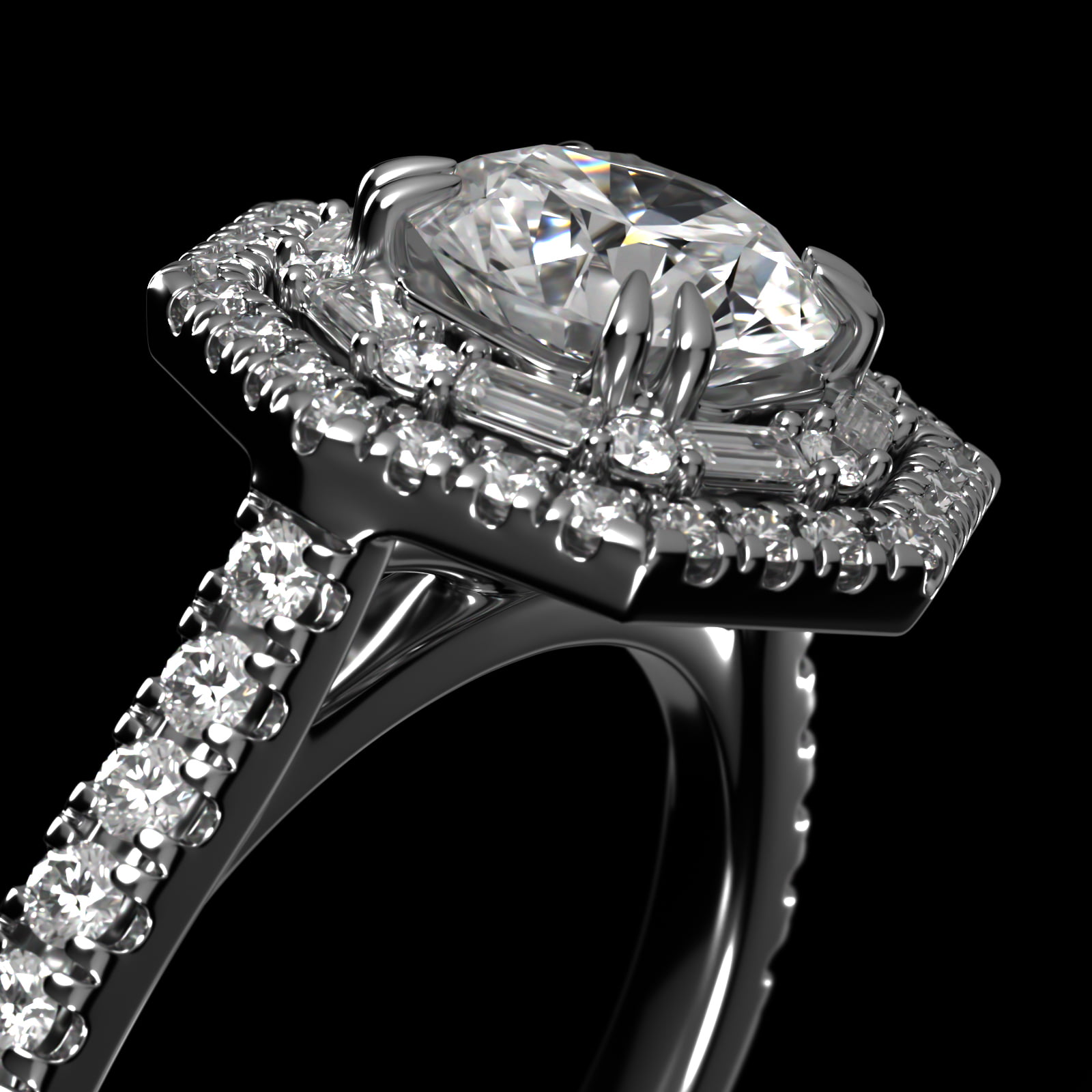 Octagonal Baguette And Round Double Diamond Halo Engagement Ring In 18K White Gold