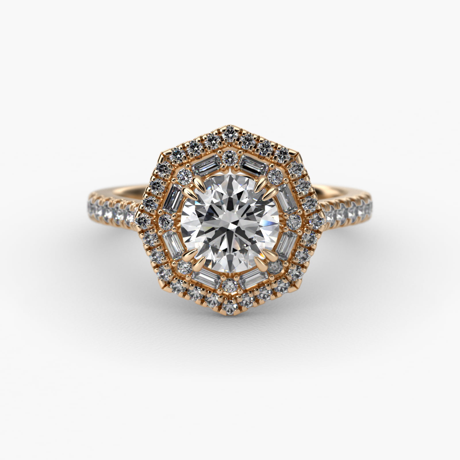 Octagonal Baguette And Round Double Diamond Halo Engagement Ring In 14K Yellow Gold