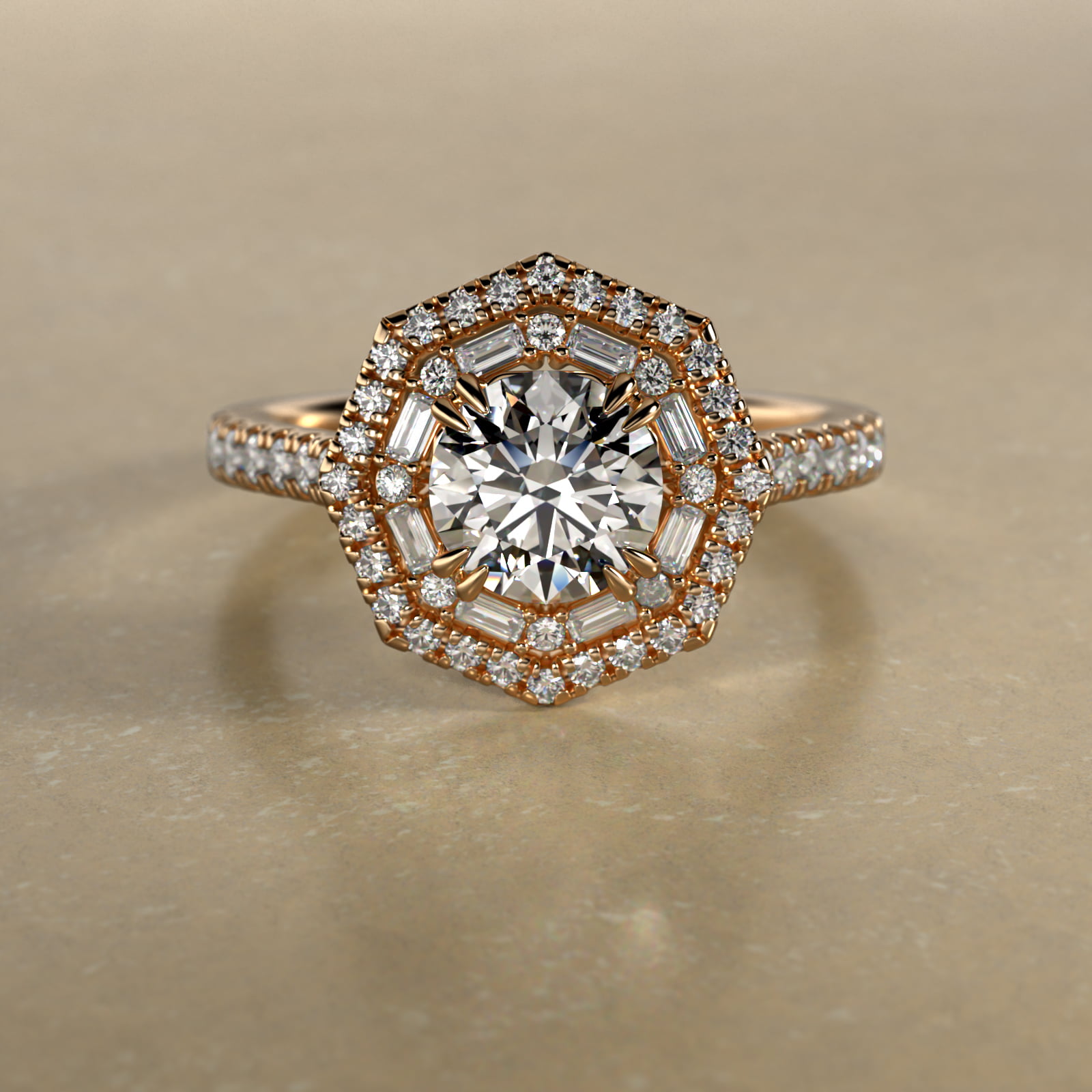 Octagonal Baguette And Round Double Diamond Halo Engagement Ring In 18K Yellow Gold