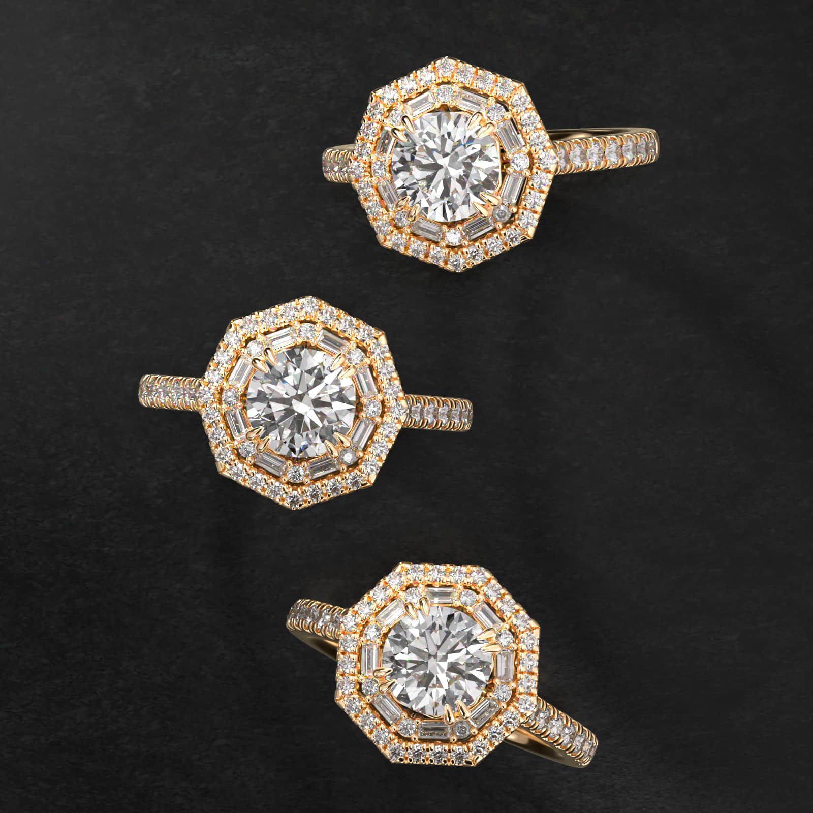 Octagonal Baguette And Round Double Diamond Halo Engagement Ring In 18K Yellow Gold