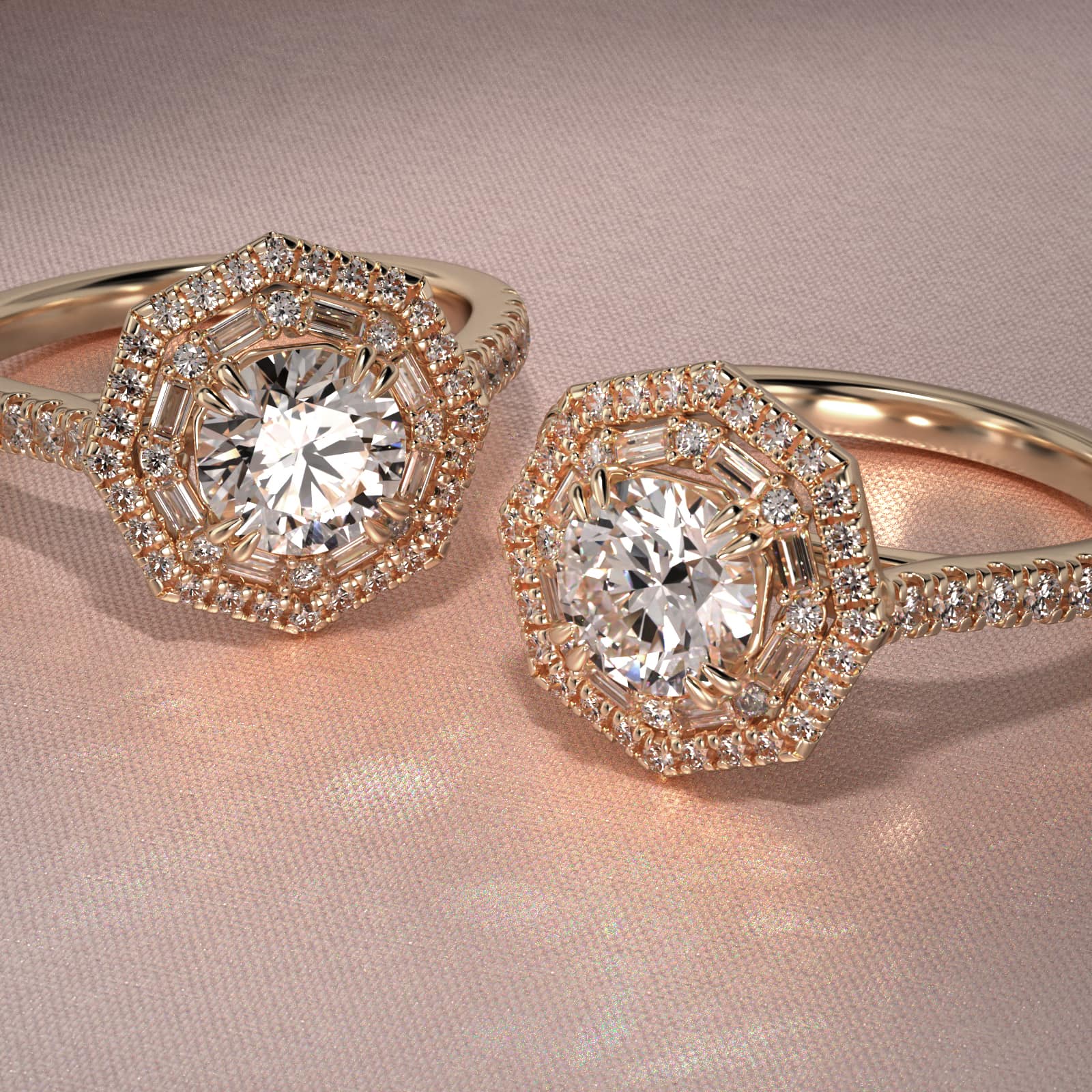 Octagonal Baguette And Round Double Diamond Halo Engagement Ring In 14K Yellow Gold