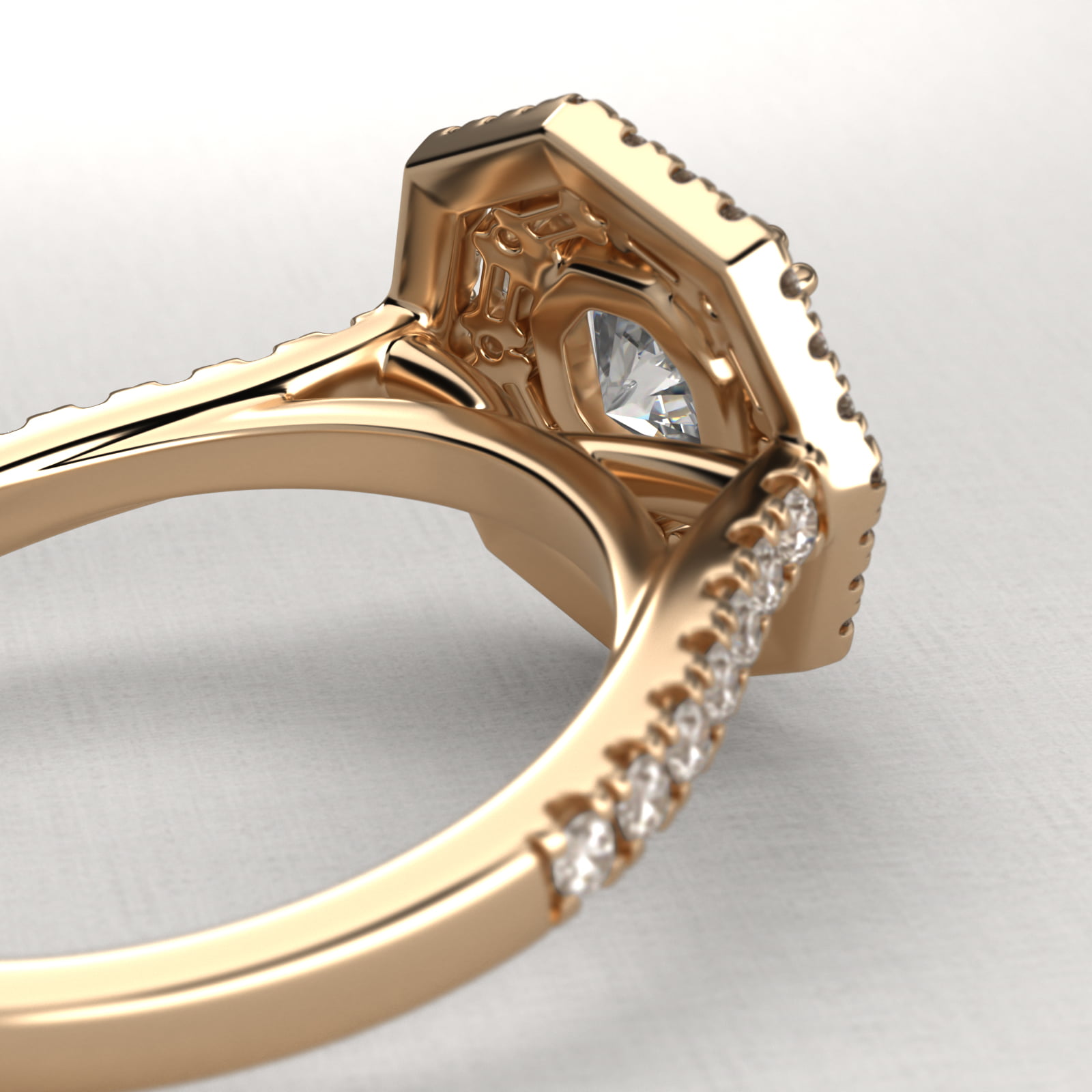 Octagonal Baguette And Round Double Diamond Halo Engagement Ring In 14K Yellow Gold