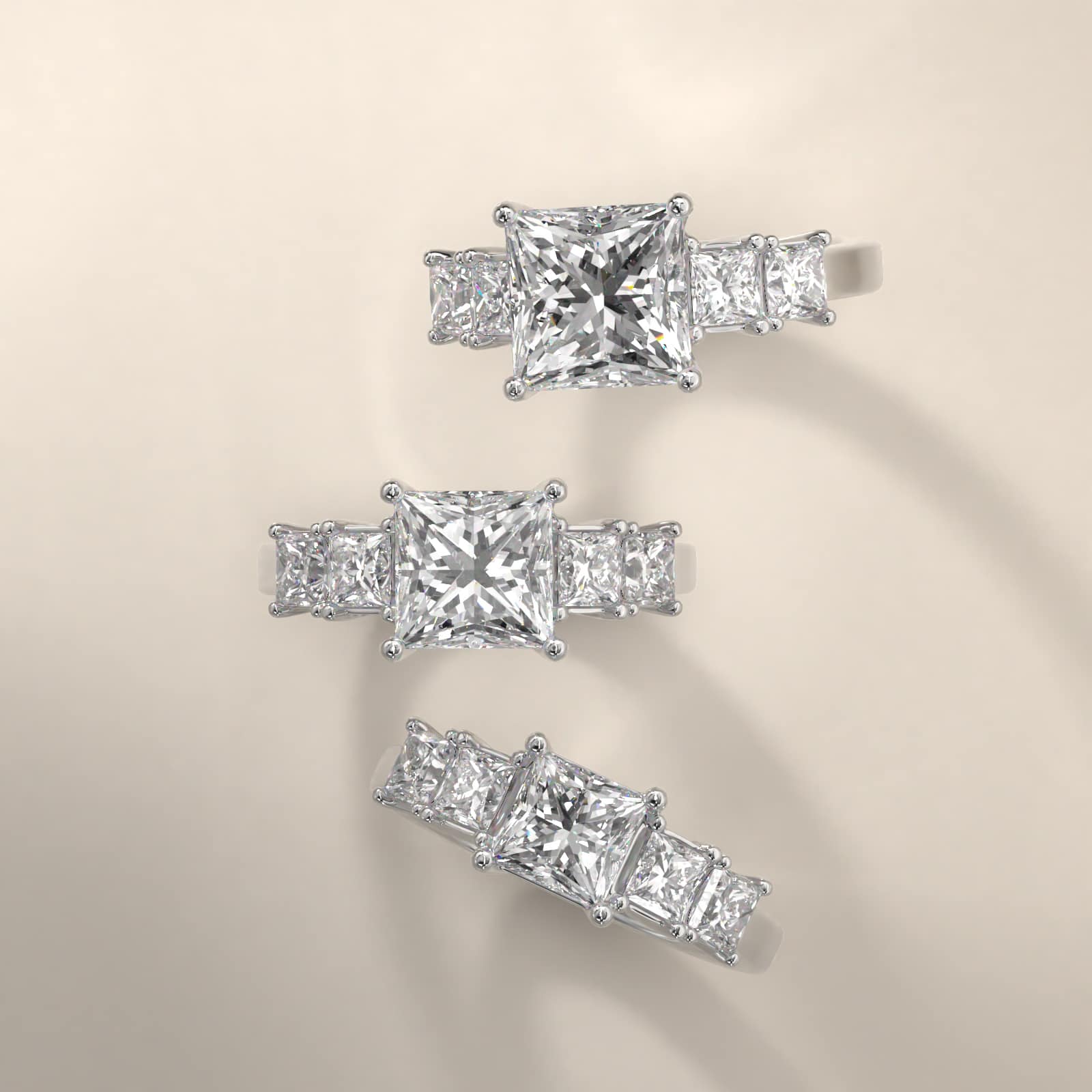 Four Princess Cut Side Stone Diamond Engagement Ring In 14K White Gold