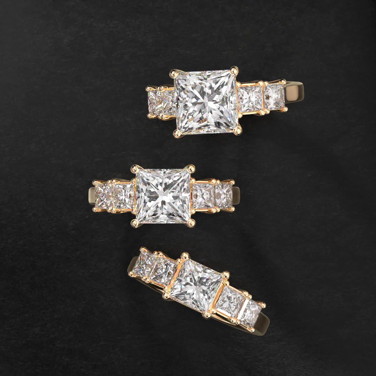 Four Princess Cut Side Stone Diamond Engagement Ring In 14K Yellow Gold