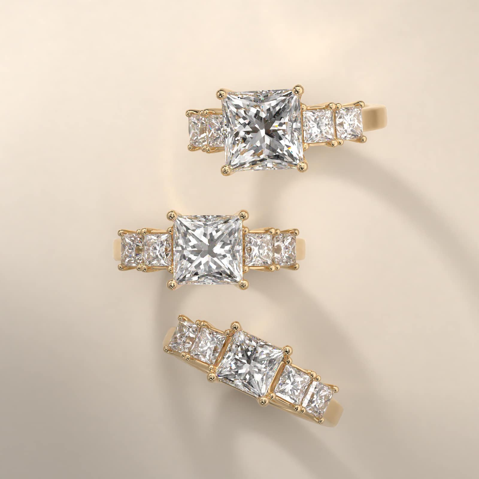 Four Princess Cut Side Stone Diamond Engagement Ring In 18K Yellow Gold