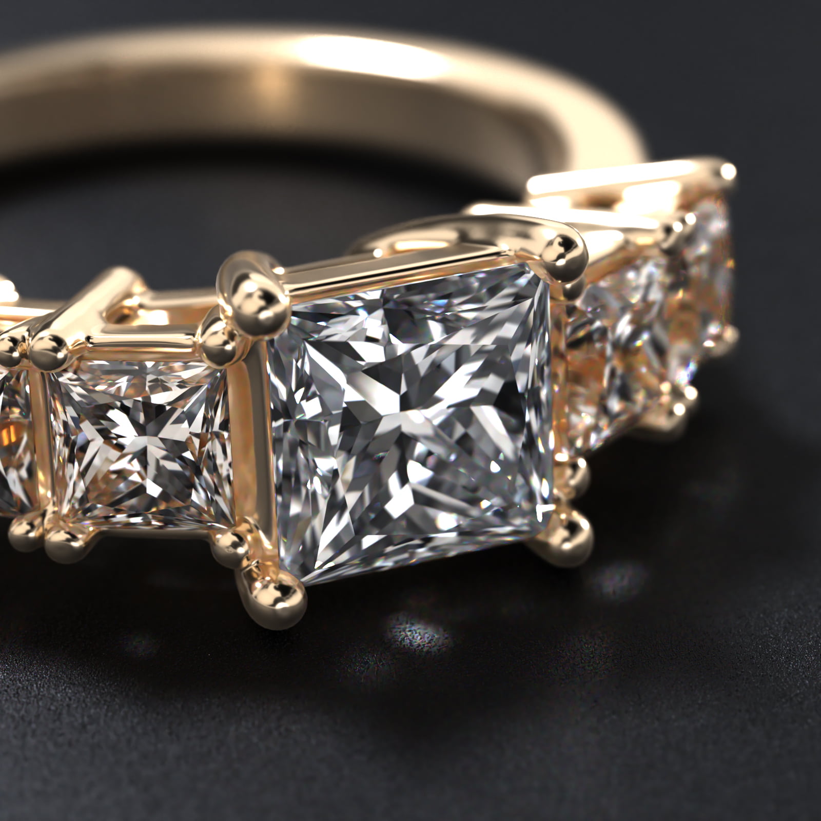 Four Princess Cut Side Stone Diamond Engagement Ring In 18K Yellow Gold