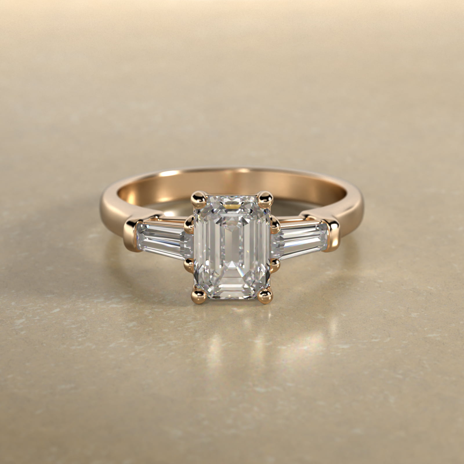 Tapered Baguette Cut Diamond Three Stone Engagement Ring In 18K Yellow Gold