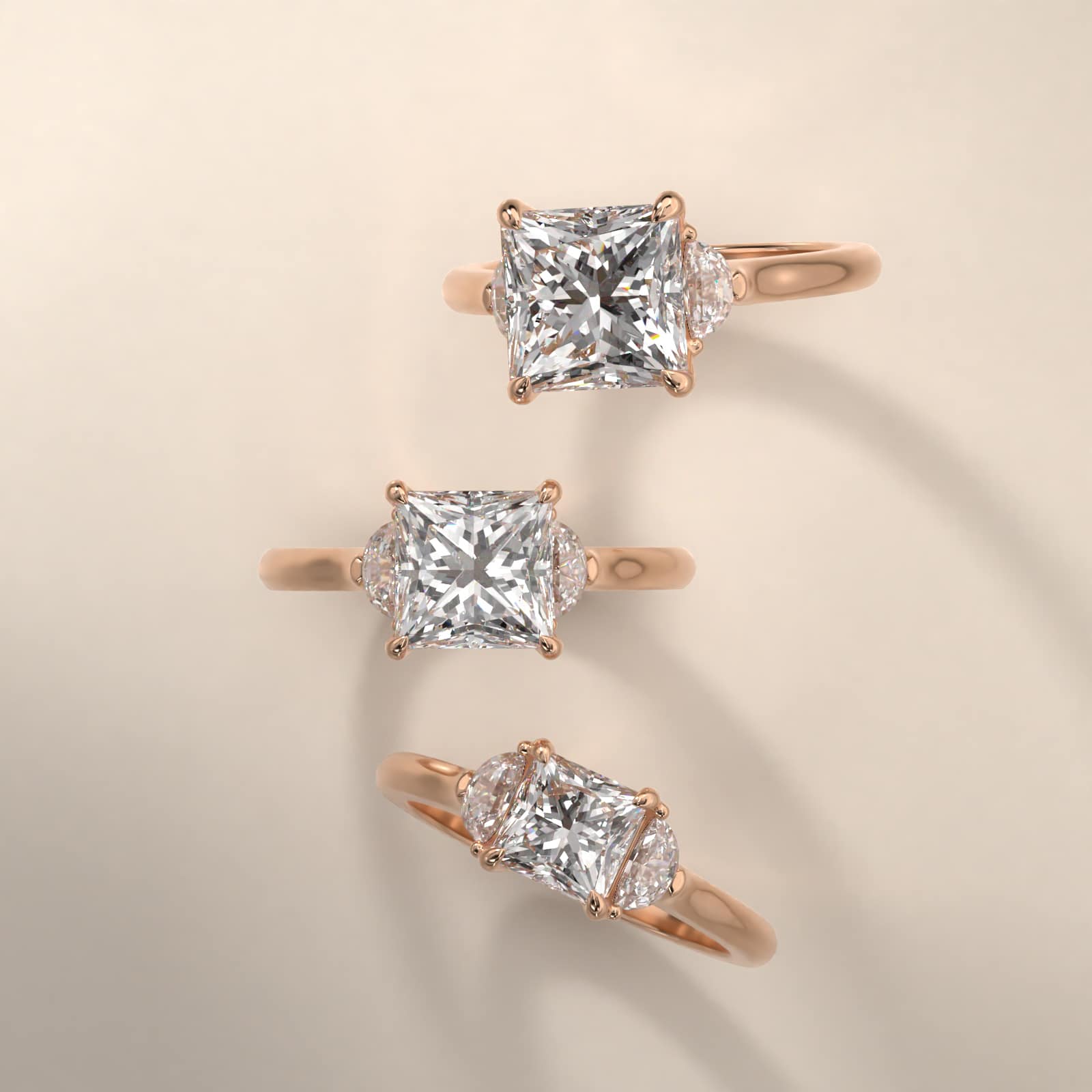 Half Moon Diamond Three Stone Engagement Ring In 14K Rose Gold