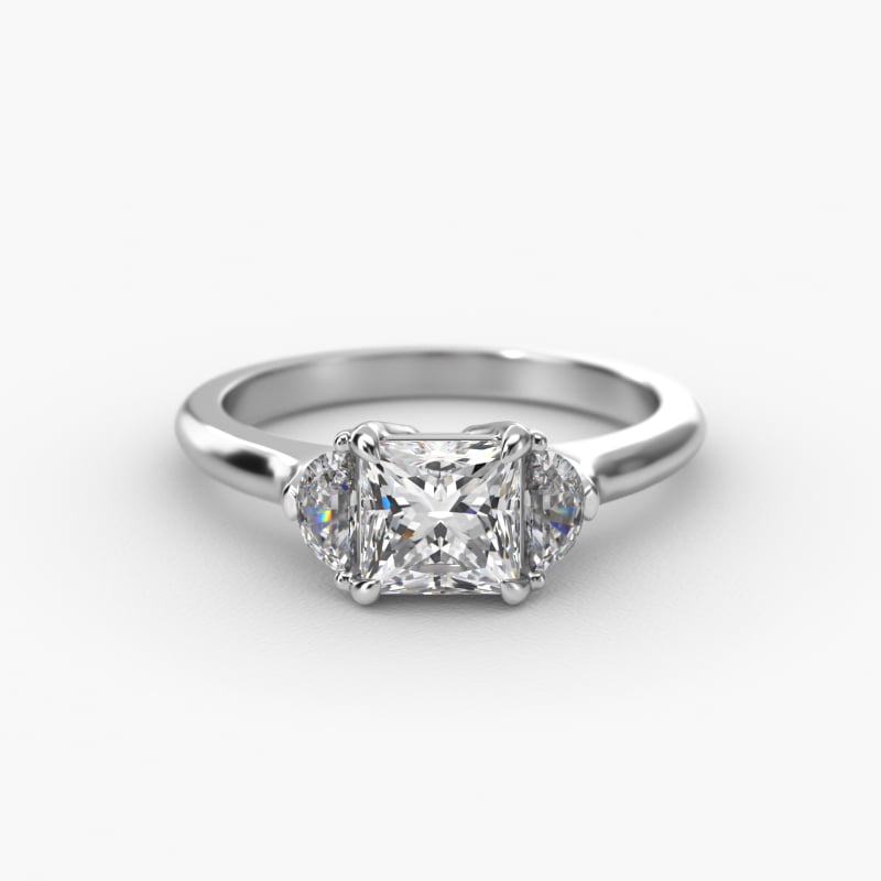 Half Moon Diamond Three Stone Engagement Ring In 14K White Gold