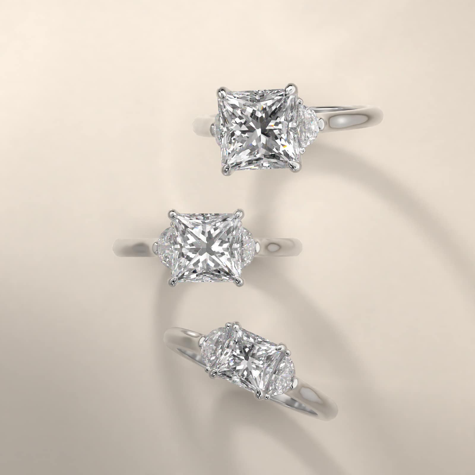 Half Moon Diamond Three Stone Engagement Ring In 18K White Gold