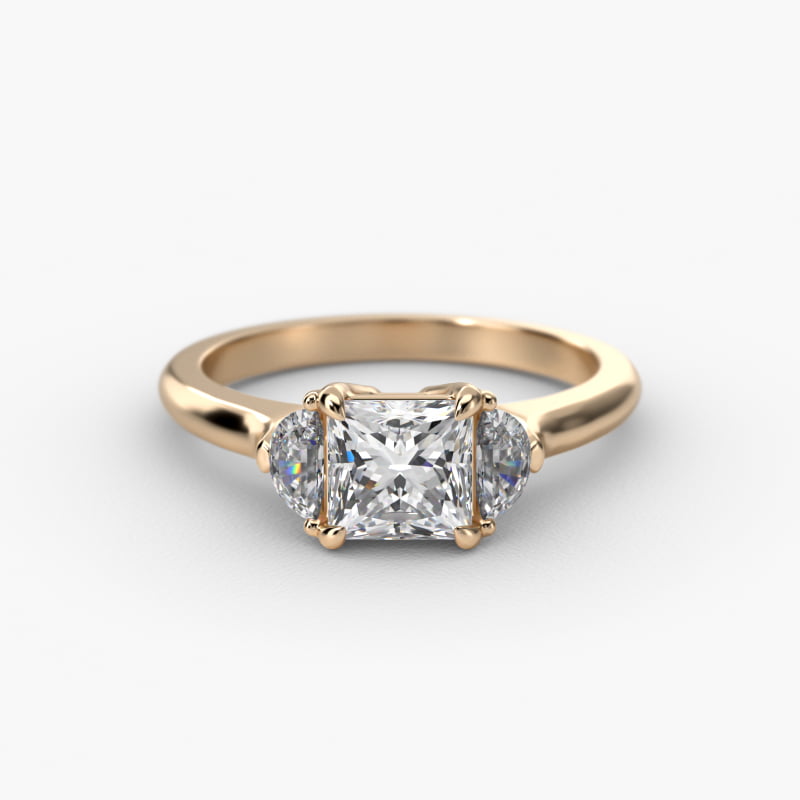 Half Moon Diamond Three Stone Engagement Ring In 14K Yellow Gold