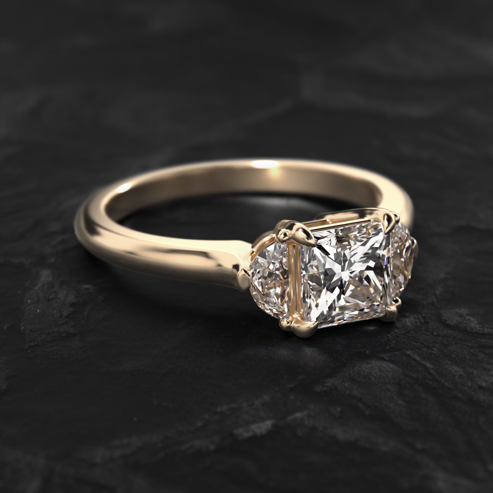 Half Moon Diamond Three Stone Engagement Ring In 14K Yellow Gold