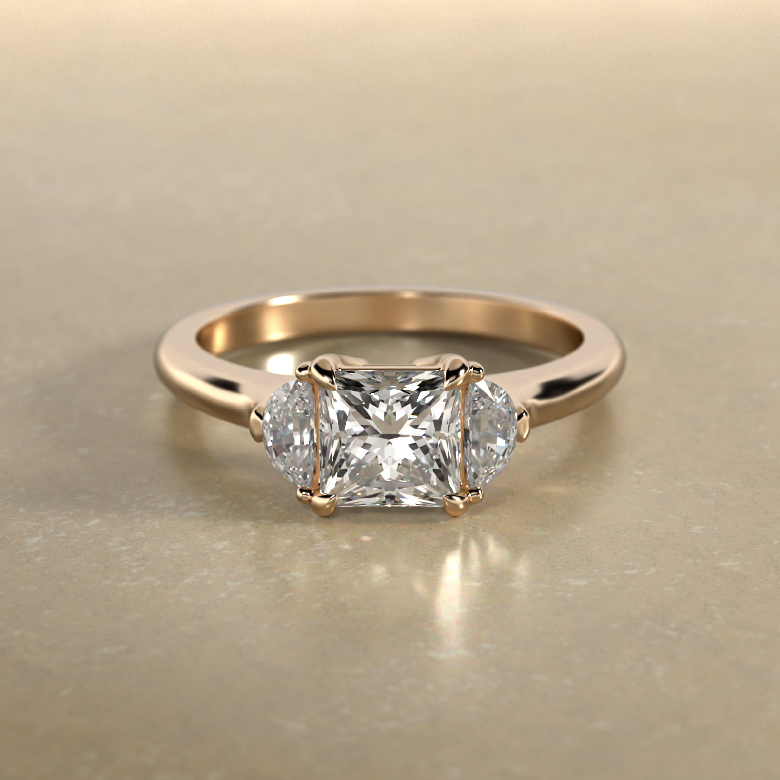 Half Moon Diamond Three Stone Engagement Ring In 18K Yellow Gold