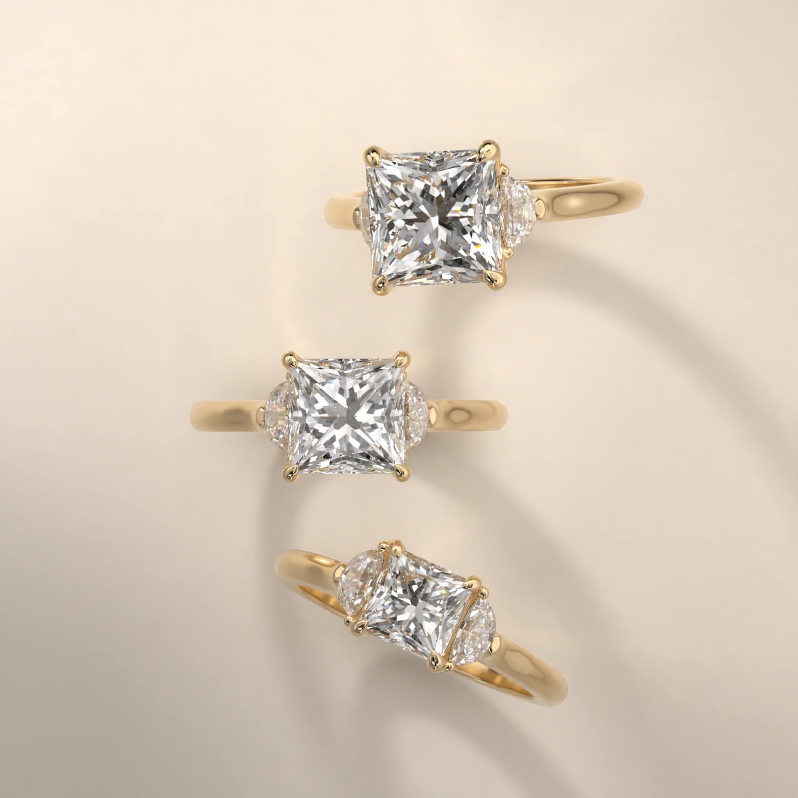 Half Moon Diamond Three Stone Engagement Ring In 18K Yellow Gold