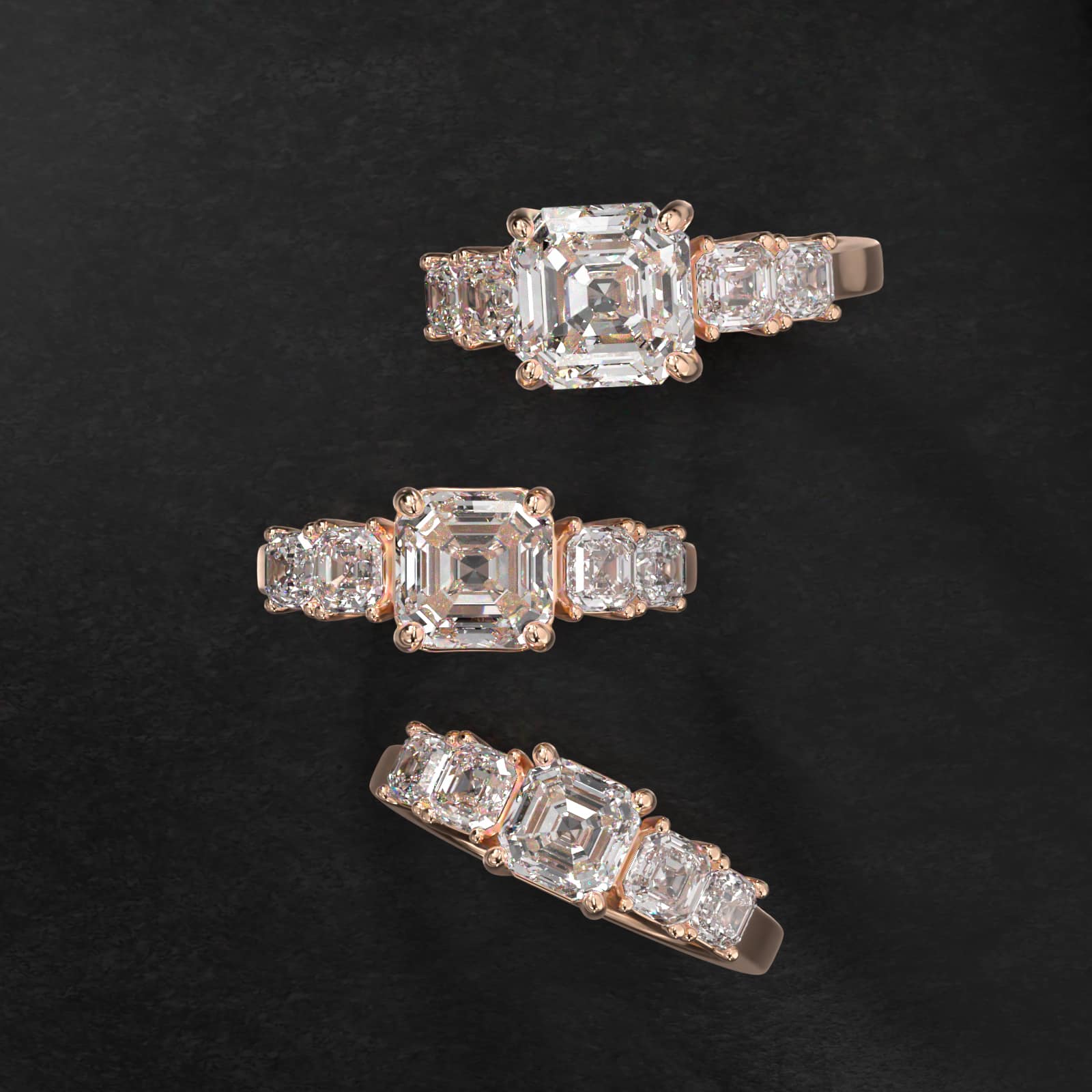 Four Asscher Cut Side Stone Diamond Engagement Ring In 14K Rose Gold