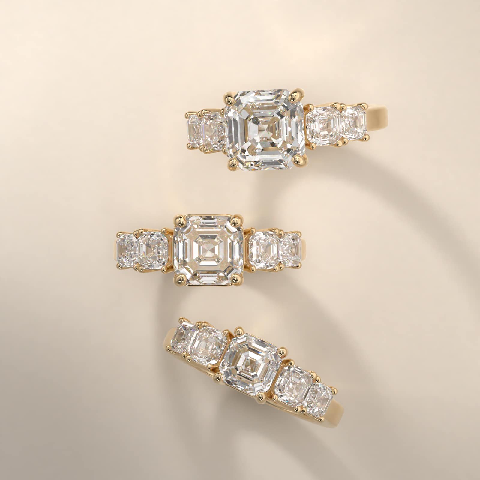 Four Asscher Cut Side Stone Diamond Engagement Ring In 14K Yellow Gold