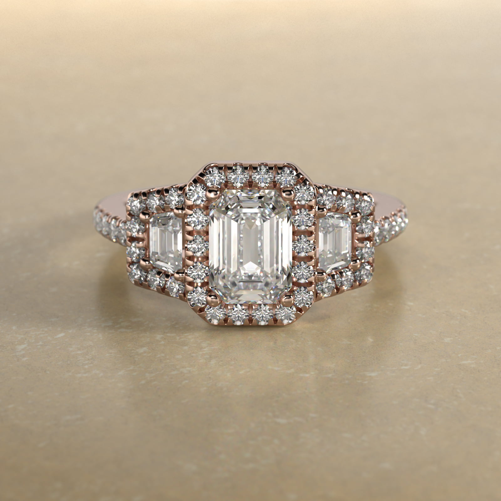 Framed Trapezoid Diamond Three Stone Engagement Ring In 14K Rose Gold