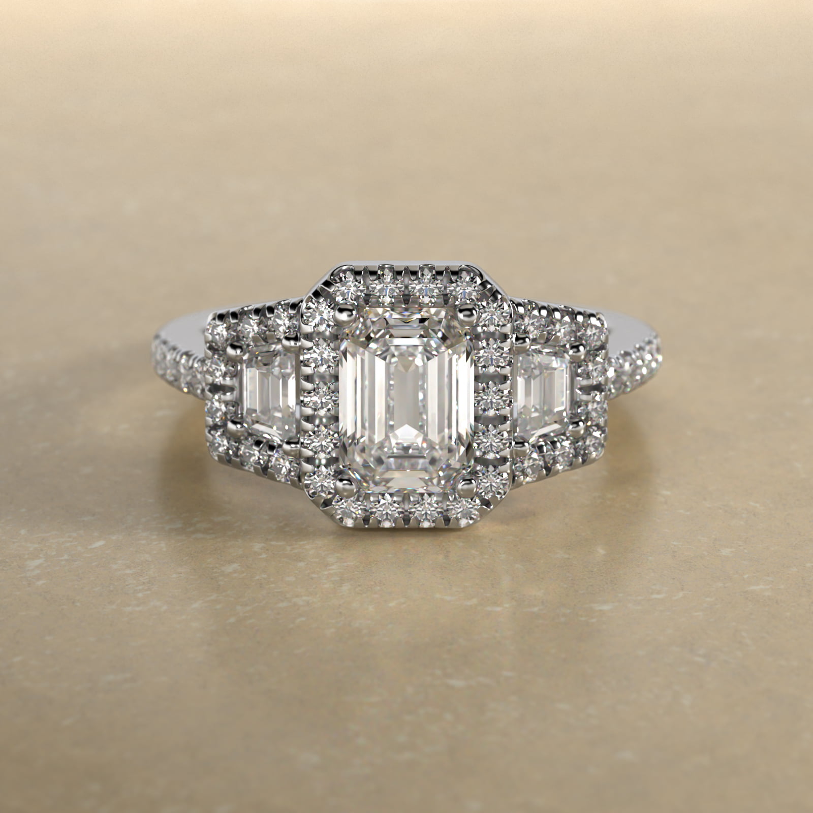 Framed Trapezoid Diamond Three Stone Engagement Ring In 14K White Gold