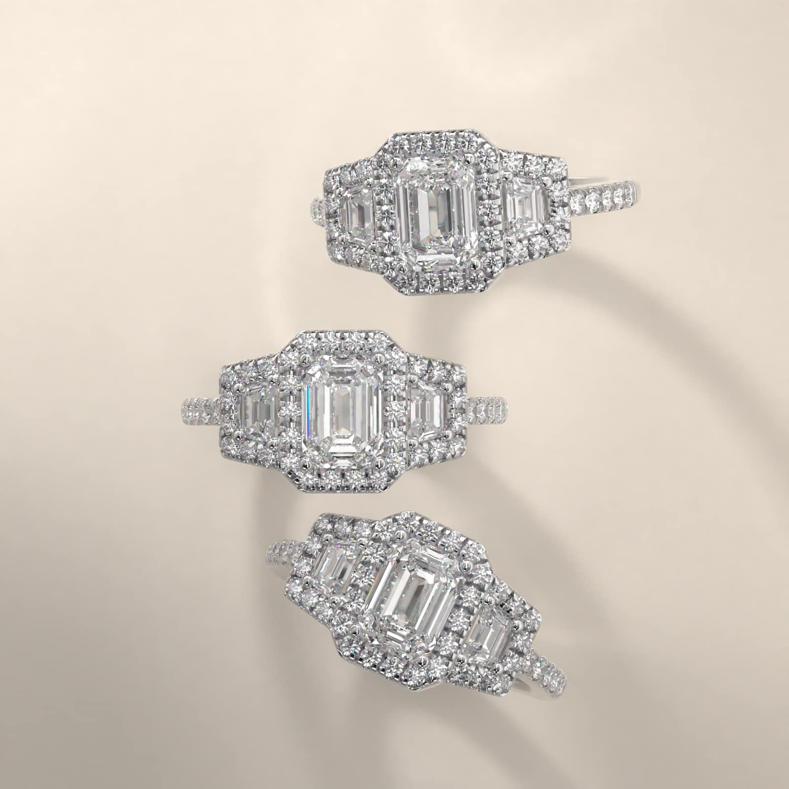 Framed Trapezoid Diamond Three Stone Engagement Ring In Platinum