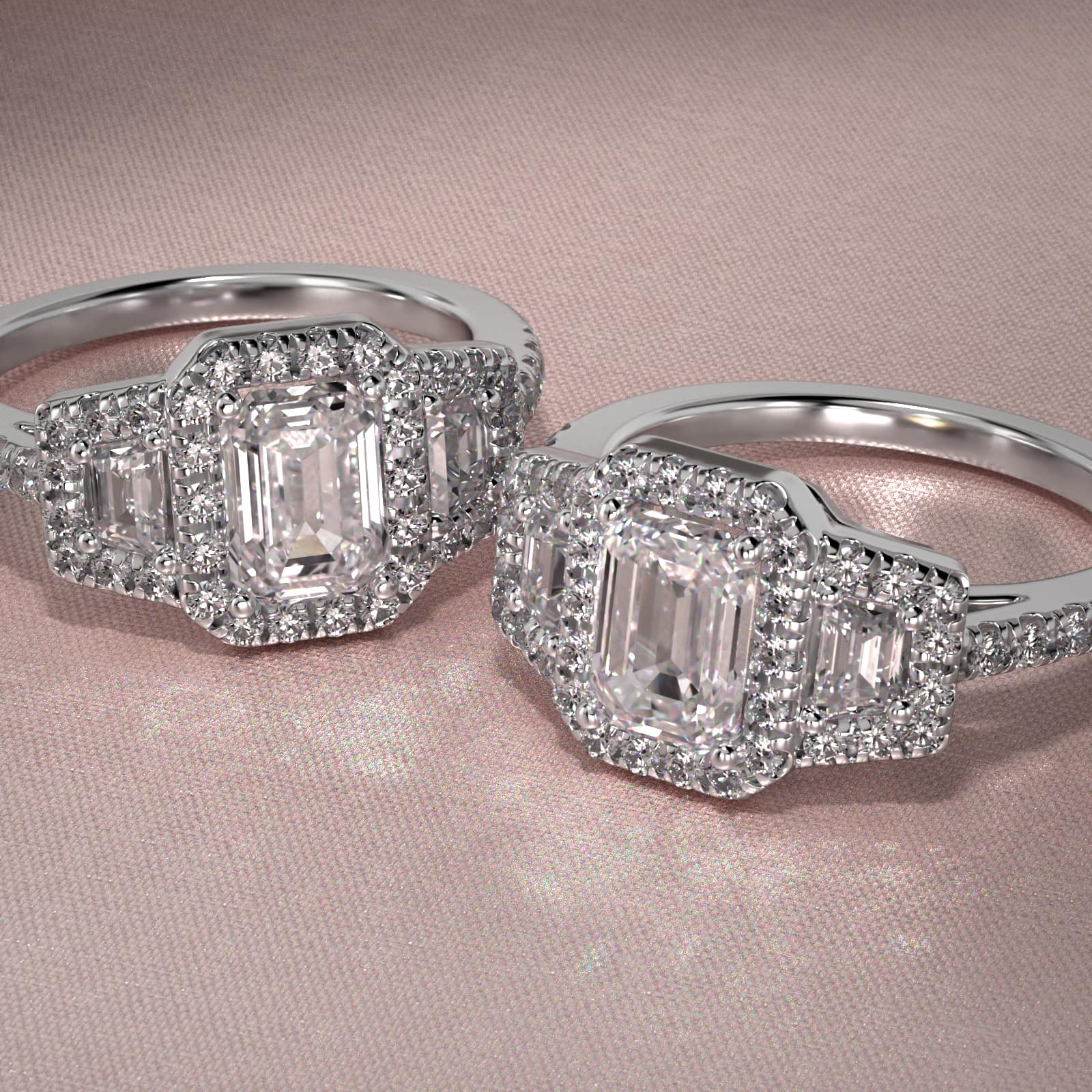 Framed Trapezoid Diamond Three Stone Engagement Ring In 18K White Gold