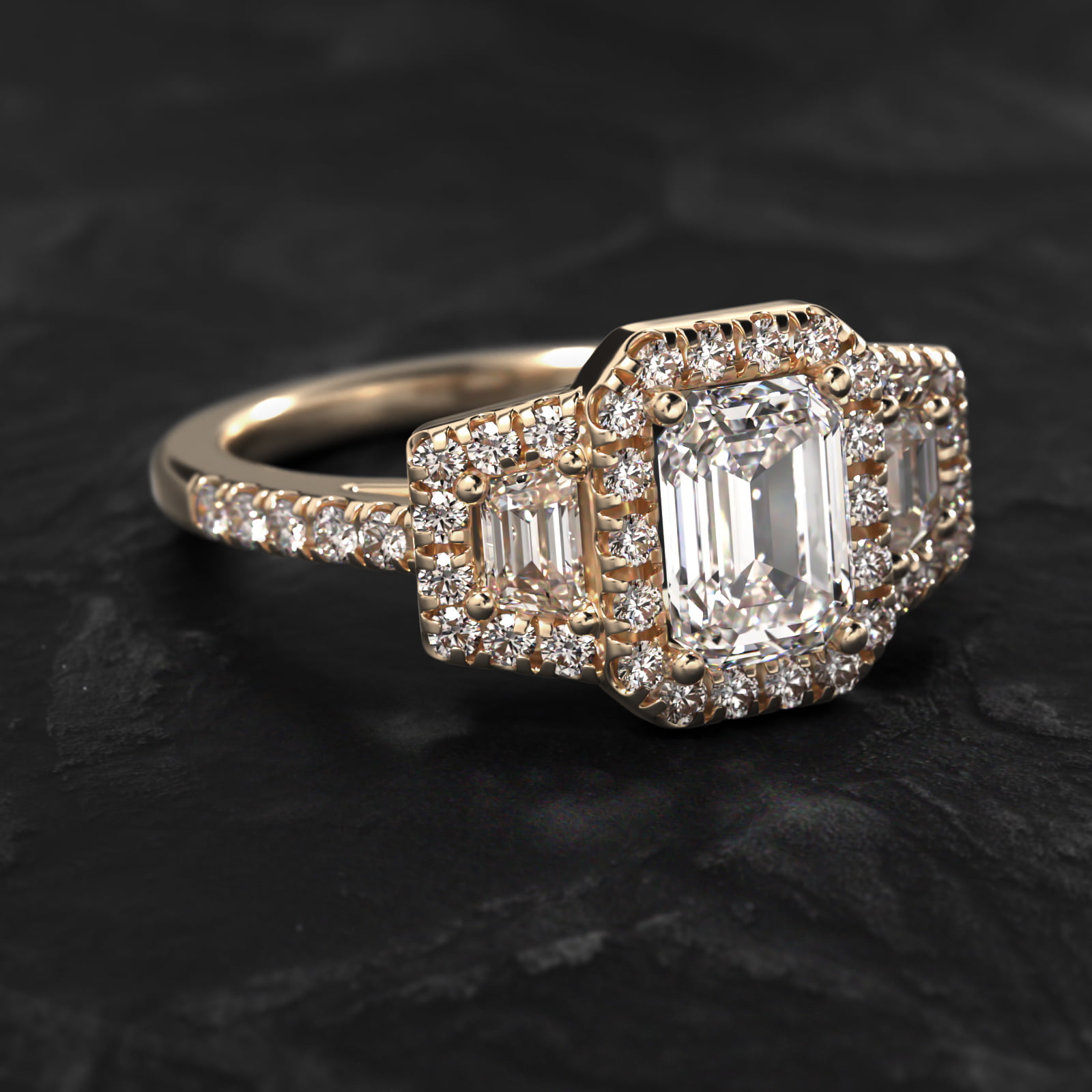 Framed Trapezoid Diamond Three Stone Engagement Ring In 14K Yellow Gold