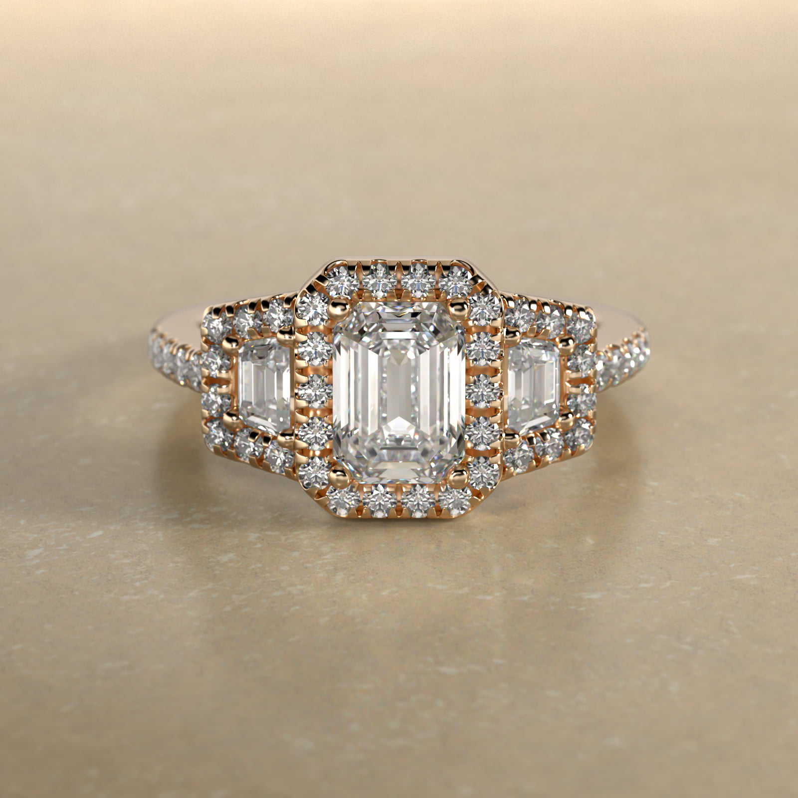 Framed Trapezoid Diamond Three Stone Engagement Ring In 18K Yellow Gold