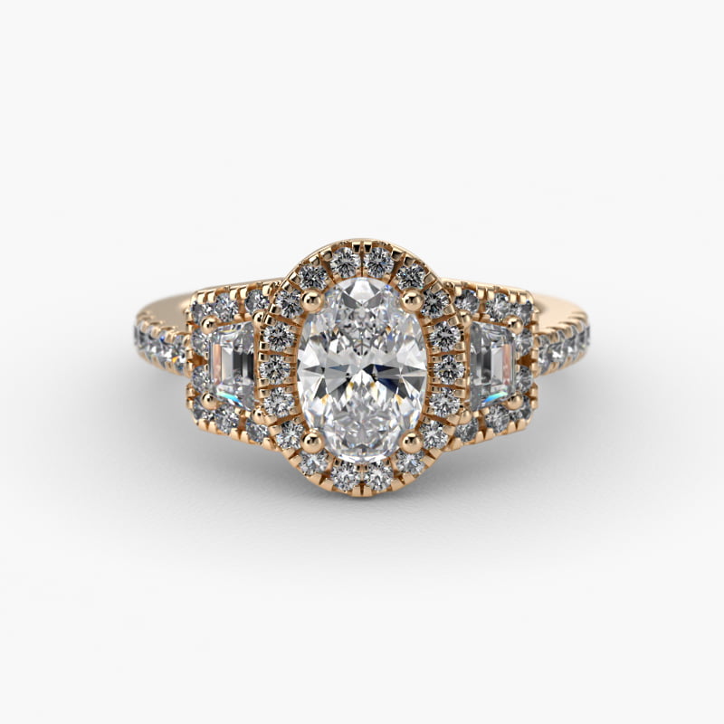 Framed Trapezoid Diamond Three Stone Engagement Ring In 14K Yellow Gold