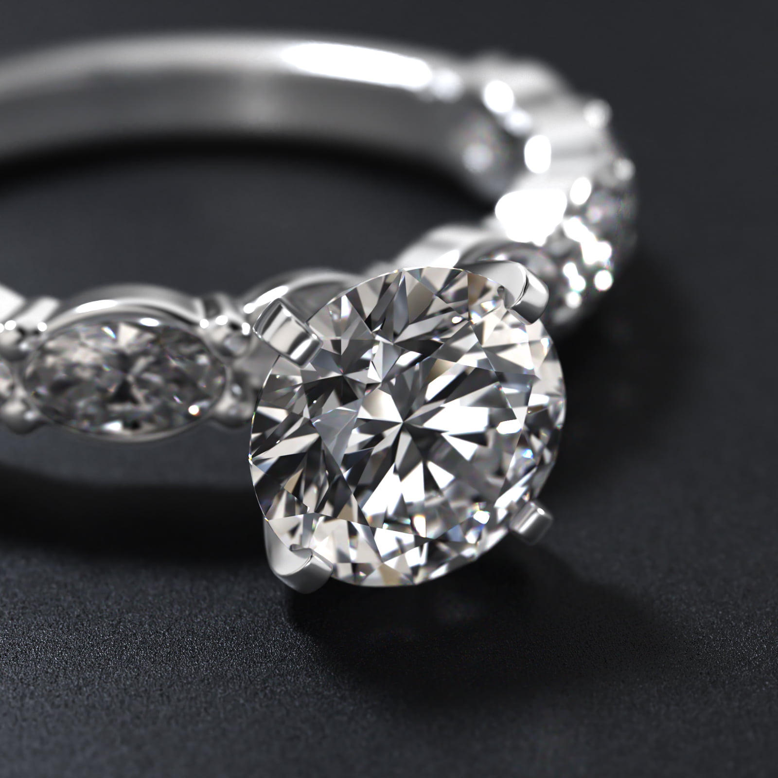 East West Oval Cut Side Stone Diamond Engagement Ring In 14K White Gold