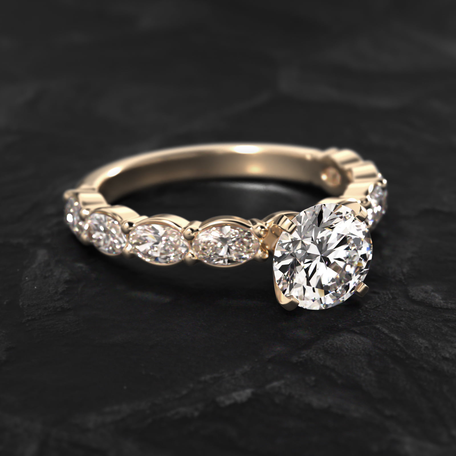 East West Oval Cut Side Stone Diamond Engagement Ring In 14K Yellow Gold