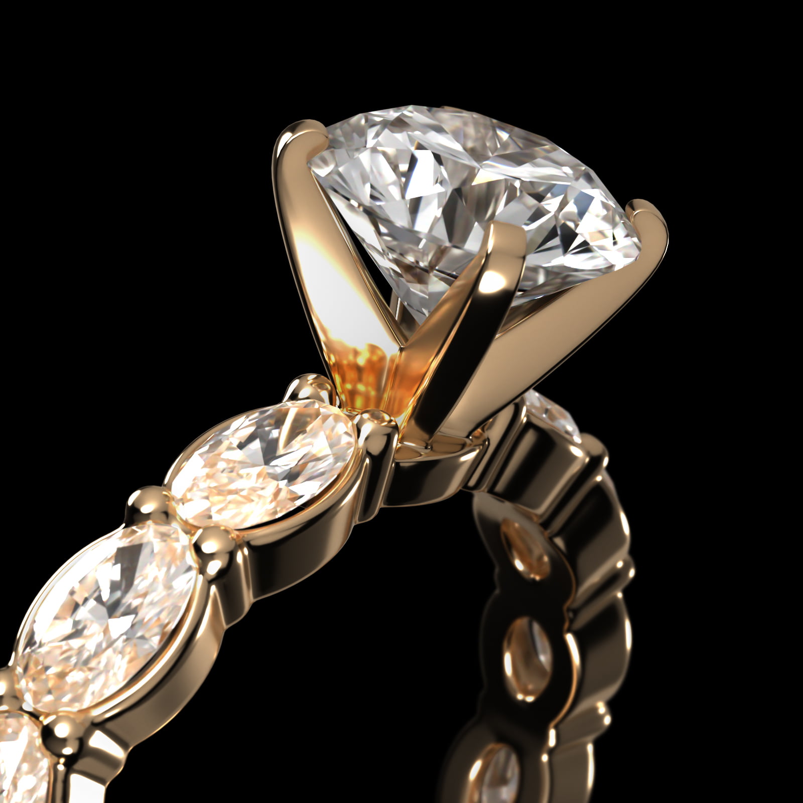 East West Oval Cut Side Stone Diamond Engagement Ring In 14K Yellow Gold