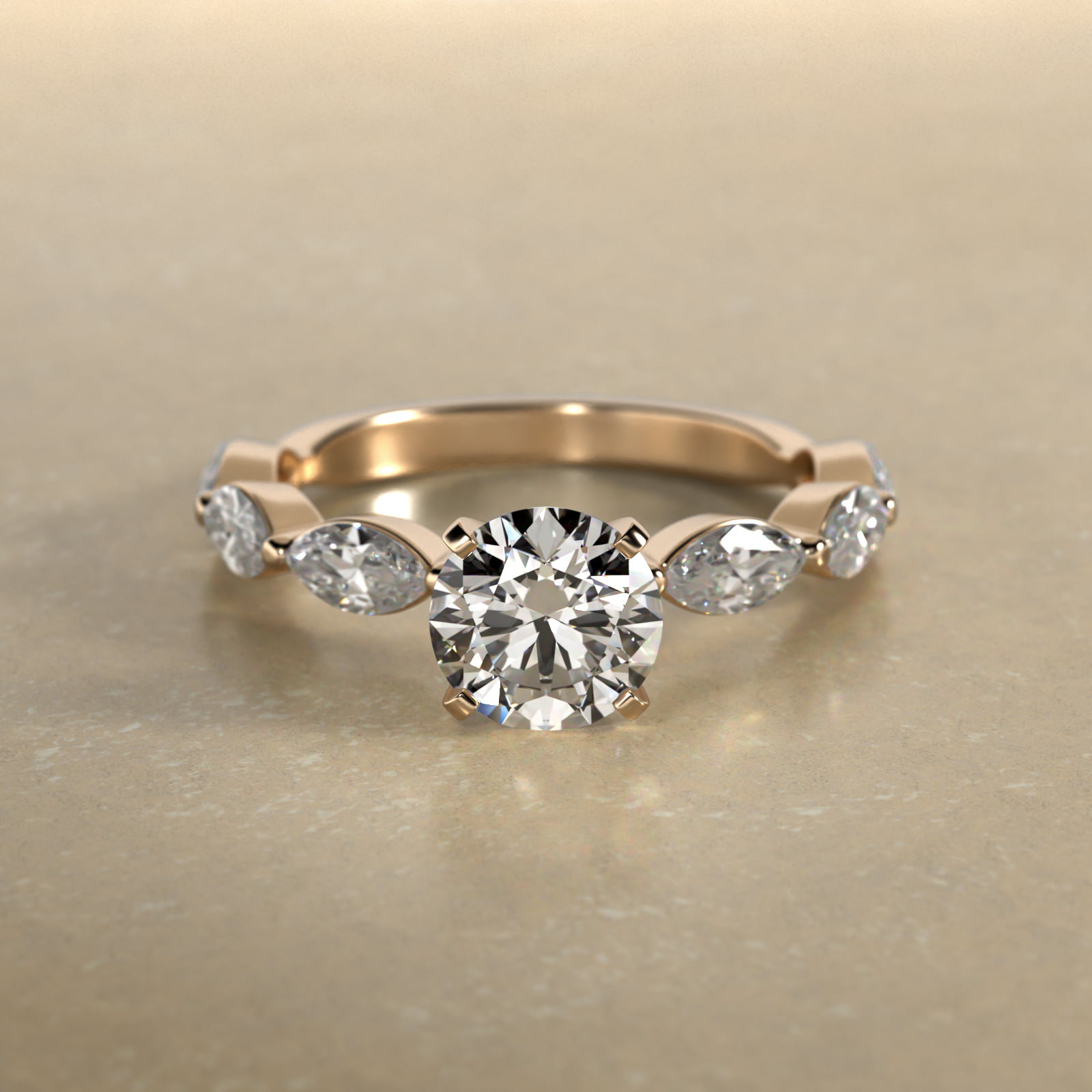 East West Marquise Cut Side Stone Diamond Engagement Ring In 14K Yellow Gold