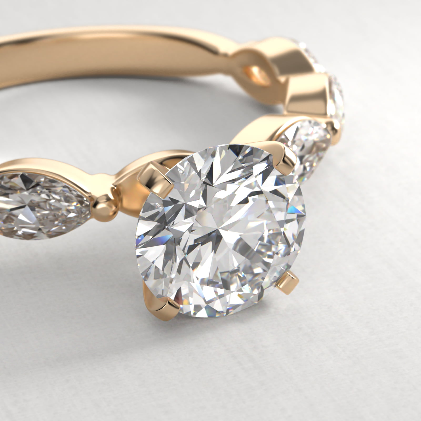 East West Marquise Cut Side Stone Diamond Engagement Ring In 14K Yellow Gold