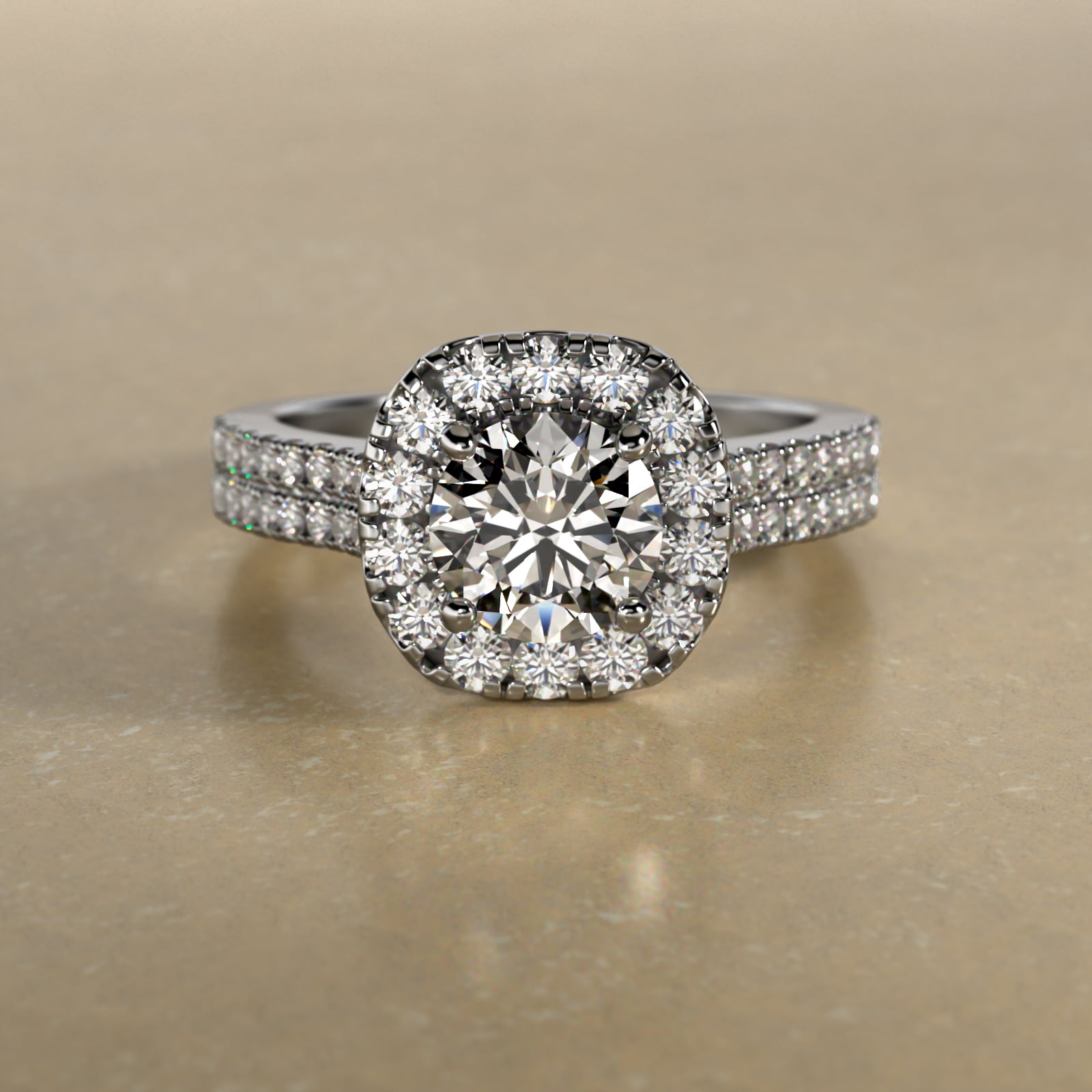 Double Shank Diamond Halo Engagement Ring In 14K White Gold