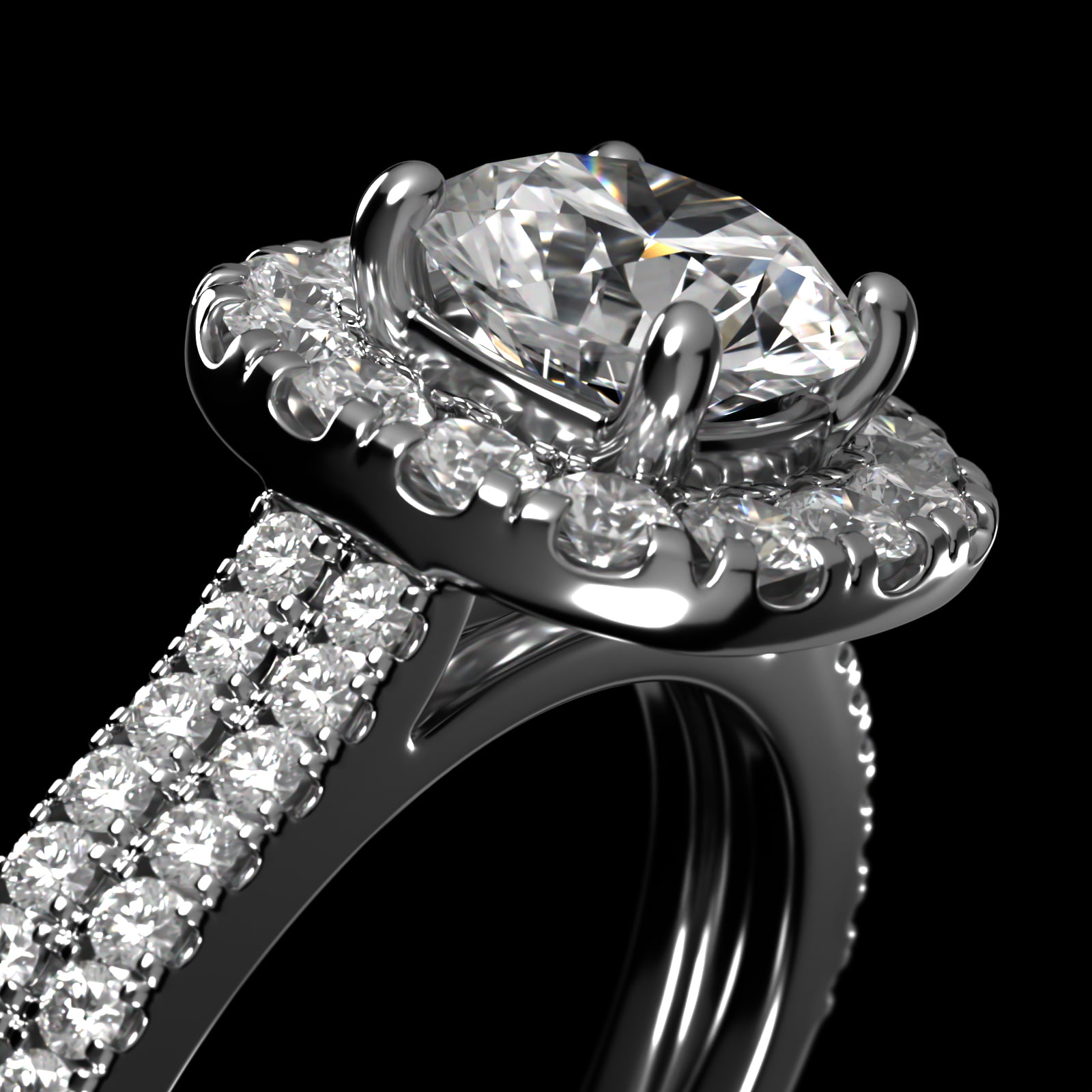 Double Shank Diamond Halo Engagement Ring In 14K White Gold