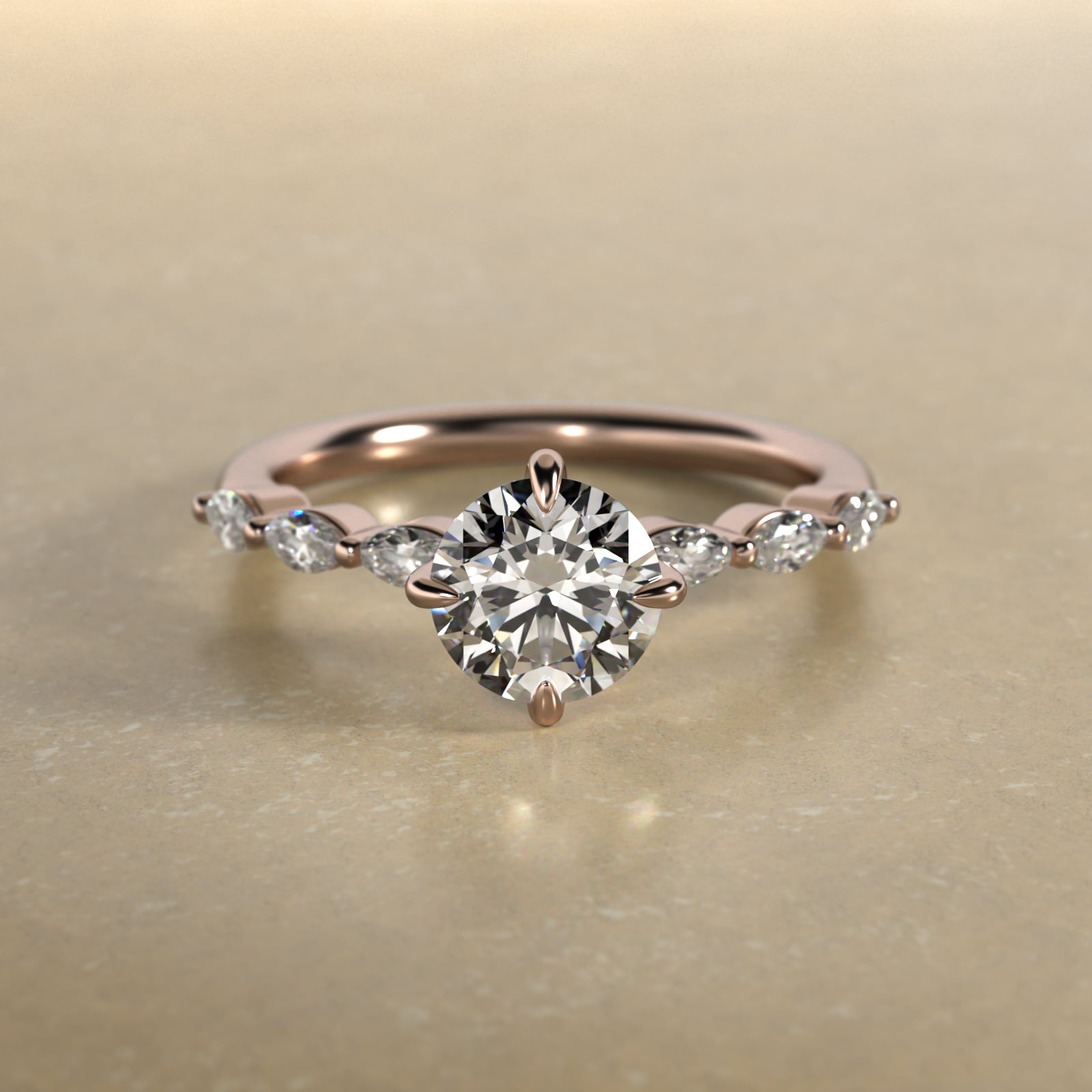 Marquise Cut Side Stone Diamond Shared Prong Engagement Ring In 14K Rose Gold