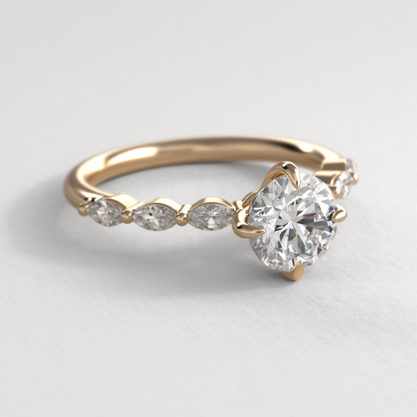 Marquise Cut Side Stone Diamond Shared Prong Engagement Ring In 14K Yellow Gold