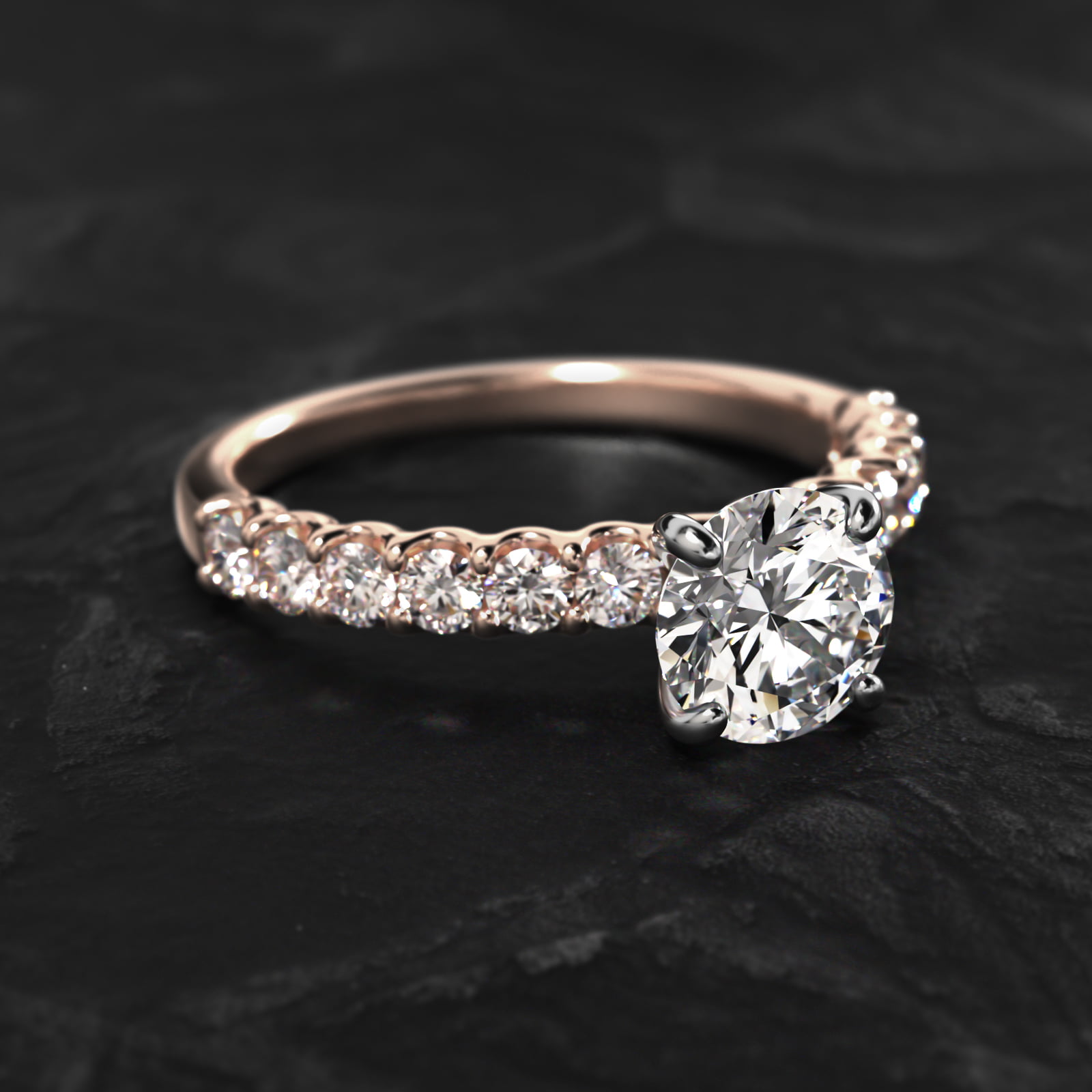 Twelve Stone Contour Side Stone Diamond Shared Prong Engagement Ring In 14K Rose Gold